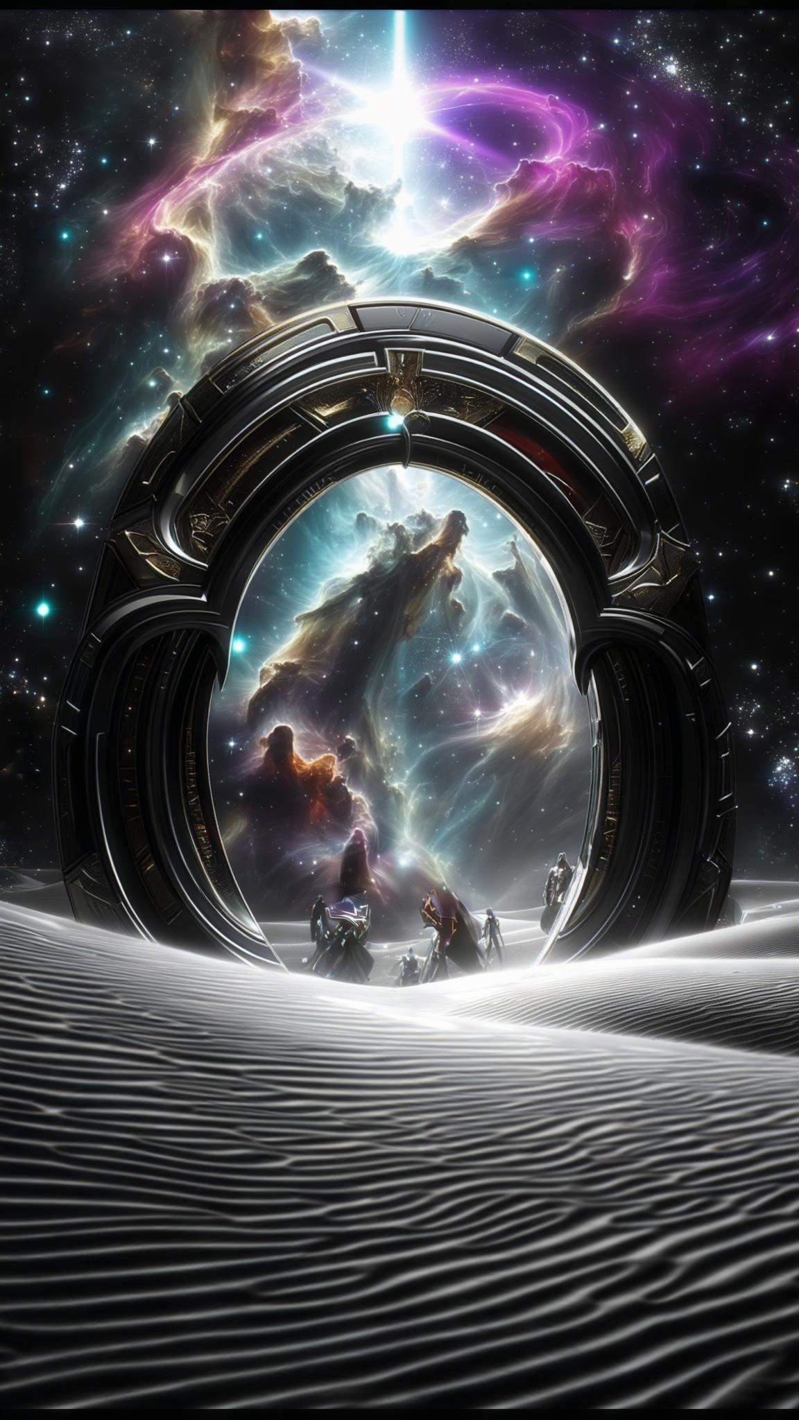 (Core description: astral gate of obsidian rings opening above a luminous nebula horizon, star-gilded dunes below rippling with cosmic wind) ,
(Style: hyper-real cinematic ultrachromatic style raw) ,
(Medium: glossy deep-space digital painting) inspired by (Art movement Futurism) and (specific art style by Moebius) ,
(Specific keywords: enigma portal, drifting stardust, eclipse glow) ,
(Emotional layer: awe and boundless discovery) ,
(Lighting and atmosphere: rim-lit rings, volumetric magenta–cyan aurora, high-contrast shadow detail) ,
(Composition and perspective: low-angle vista, centered gate, deep-layer parallax) ,
(Color palette: spectral teal #00FFE6, solar gold #FFD45C, abyss violet #1A0033) ,
(Specific background details: distant spiral galaxy arcs on upper third) ,
(Additional textures: subtle star-grain, lens micro-bloom) ,
(Painting style of time period: 1980s sci-fi posters) ,
(Resolution and quality: 64K 300 dpi ultra-sharp) ,
(Negative: --no watermark --no purple)
--seed 46231 --exp 48 --guidance 8.5 --steps 45 --ar 9:16 --v 7