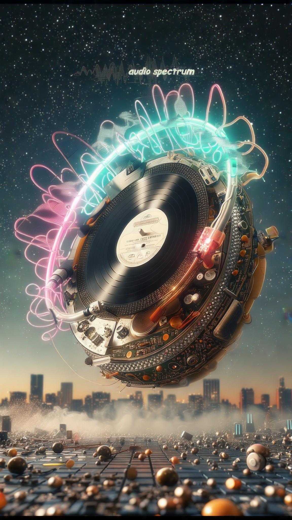 (Core description: glowing neon vinyl record spinning in mid-air, pulsing waveforms radiating into midnight city skyline) ,
(Style: retro-futuristic synthwave style raw) ,
(Medium: 3D render plus neon-glow illustration) inspired by (Art movement Vaporwave) and (specific art style by Syd Mead) ,
(Specific keywords: lofi vibes, audio spectrum, chromatic bloom) ,
(Emotional layer: nostalgic groove) ,
(Lighting and atmosphere: magenta-cyan neon rim light, subtle fog) ,
(Composition and perspective: centered record, cityscape silhouette bottom third) ,
(Color palette: electric cyan #00F0FF, hot magenta #FF00C8, midnight navy #0B0033) ,
(Specific background details: star-speckled sky with faint grid horizon) ,
(Additional textures: vinyl micro-groove detail) ,
(Painting style of time period: 1980s arcade posters) ,
(Resolution and quality: 64K 300 dpi ultra-sharp) ,
(Negative: --no watermark --no film grain)
--seed 48765 --exp 46 --guidance 9 --steps 44 --ar 9:16 --v 7