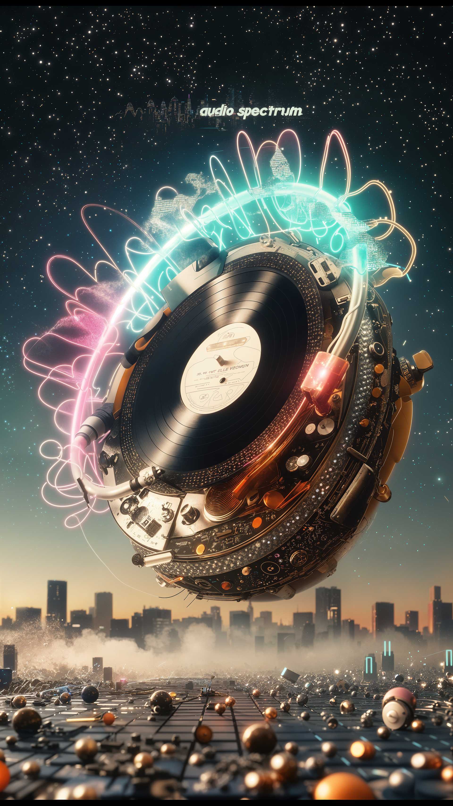 (Core description: glowing neon vinyl record spinning in mid-air, pulsing waveforms radiating into midnight city skyline) ,
(Style: retro-futuristic synthwave style raw) ,
(Medium: 3D render plus neon-glow illustration) inspired by (Art movement Vaporwave) and (specific art style by Syd Mead) ,
(Specific keywords: lofi vibes, audio spectrum, chromatic bloom) ,
(Emotional layer: nostalgic groove) ,
(Lighting and atmosphere: magenta-cyan neon rim light, subtle fog) ,
(Composition and perspective: centered record, cityscape silhouette bottom third) ,
(Color palette: electric cyan #00F0FF, hot magenta #FF00C8, midnight navy #0B0033) ,
(Specific background details: star-speckled sky with faint grid horizon) ,
(Additional textures: vinyl micro-groove detail) ,
(Painting style of time period: 1980s arcade posters) ,
(Resolution and quality: 64K 300 dpi ultra-sharp) ,
(Negative: --no watermark --no film grain)
--seed 48765 --exp 46 --guidance 9 --steps 44 --ar 9:16 --v 7