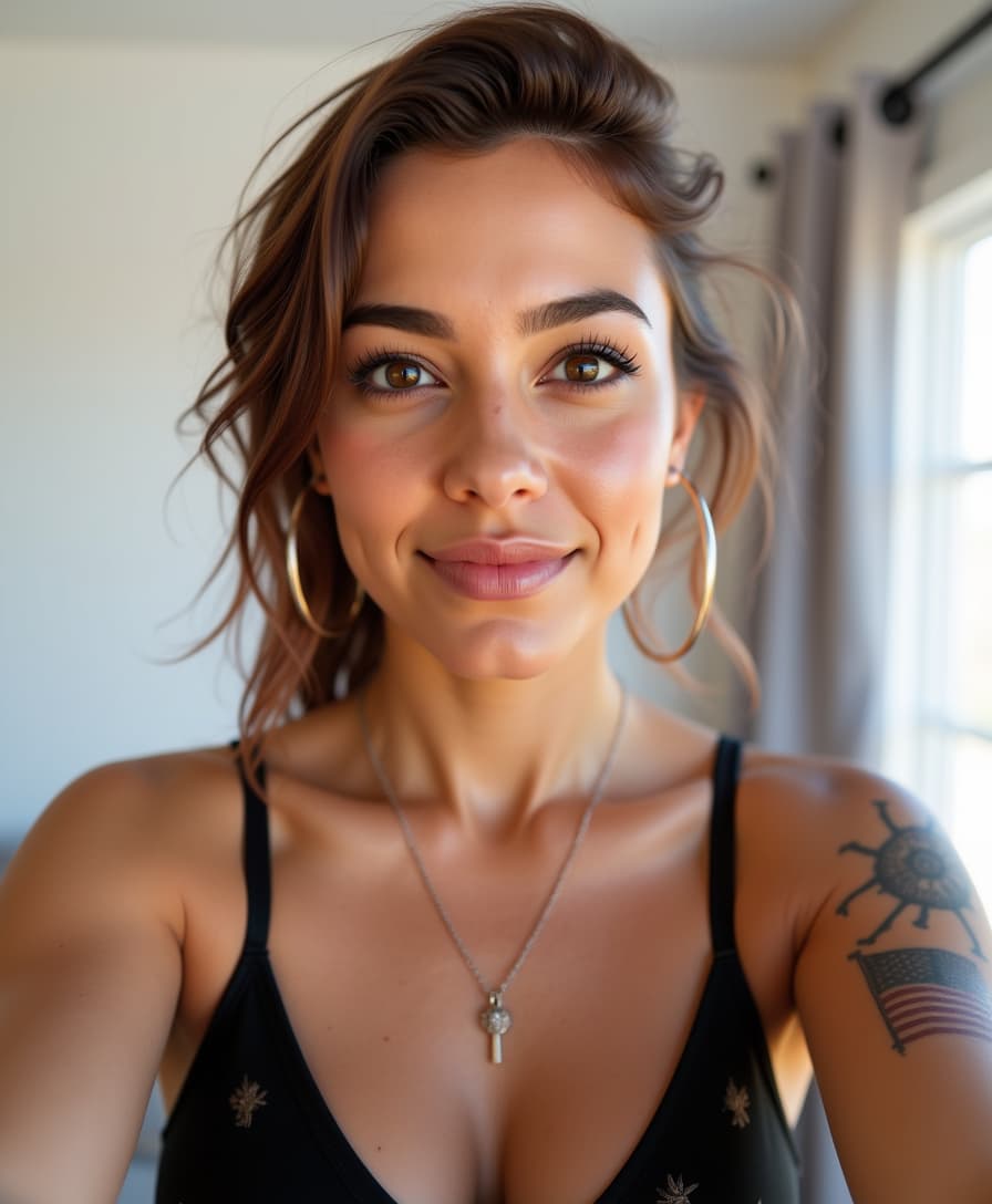 A close-up selfie portrait of @L3T9663, a 27, SHOT:  • Composition: Close-up selfie framing upper torso and face angled slightly upward  • Camera Settings: Moderate focal length, natural indoor lighting, handheld  • Film Grain: None  LENS EFFECTS:  • Optics: Slight wide-angle distortion typical of front camera  • Artifacts: None  • Depth of Field: Shallow focus on face and chest, blurred background  SUBJECT:  • Description: Young adult Caucasian female, average body type, smiling with visible teeth, bold eye makeup  • Wardrobe: Black patterned bra straps visible  • Grooming: Hair pulled back tightly in ponytail with loose strands, heavy dark eye shadow and eyeliner, subtle natural lipstick  SCENE:  • Location: Indoor room with white bare wall and draped curtain  • Time of Day: Unclear, diffused daylight  • Environment: Minimal decor, simple uncluttered background  VISUAL DETAILS:  • Action: Smiling directly at camera holding it for selfie  • Props: Small necklace with pendant around neck, bracelet on right arm  • Physics: Natural skin texture, visible tattoo on right upper arm with patriotic design  CINEMATOGRAPHY:  • Lighting: Soft even light from front, no harsh shadows  • Tone: Warm and intimate  • Color Palette: Neutral skin tones, dark makeup contrasts, white background 