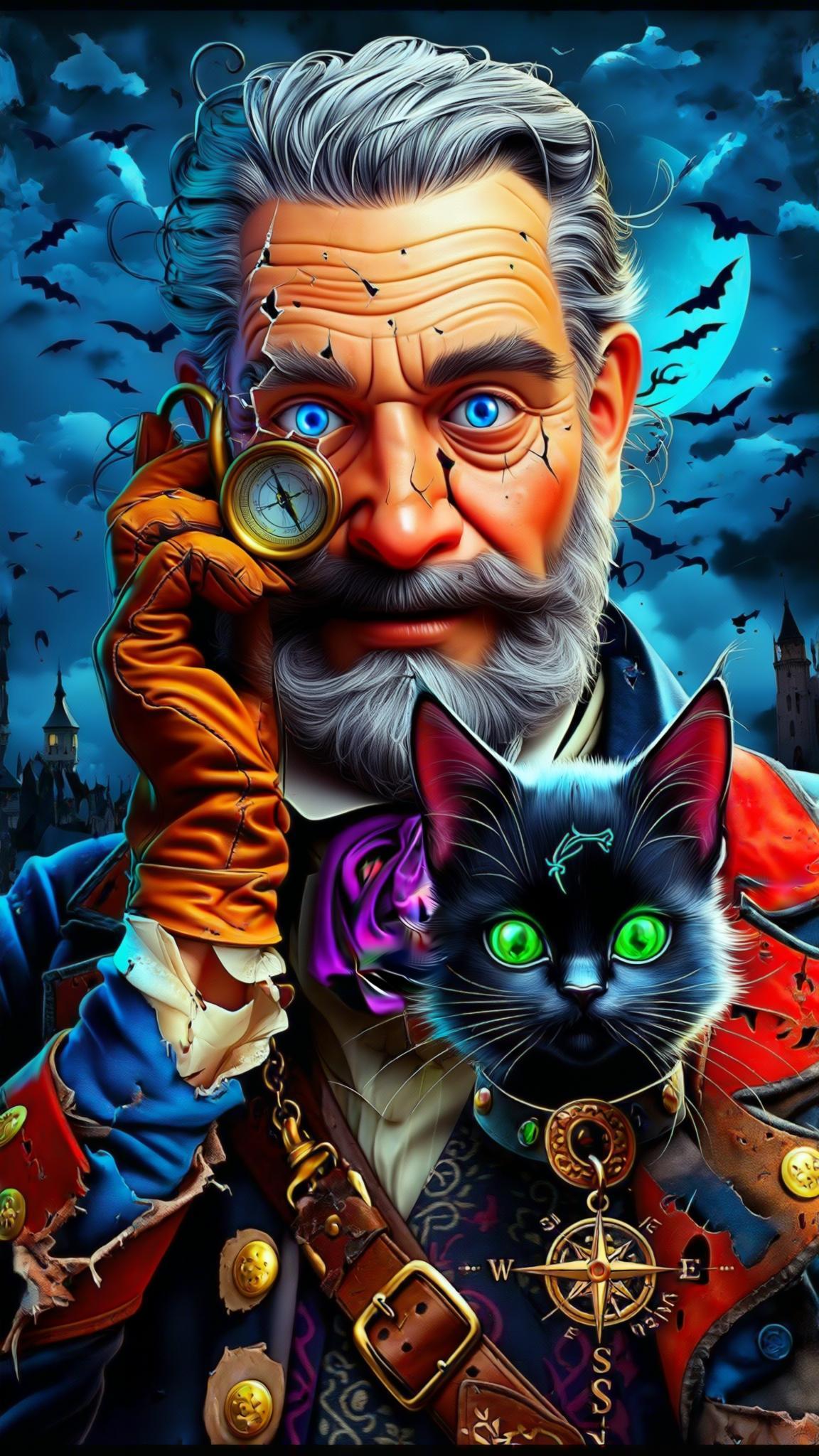 The movie logo design reads "Echoes of the Horizon" with the tagline "When the past calls, will you answer?", include actors as "Sarah Bernhardt, Edwin Booth:", and the release date is "March 15, 2025:", kodachrome, contrast, color balance, faded colors, cinematic lighting, Captain Elias Thorn, 58-year-old male, steel blue eyes, slicked-back silver hair, wearing a tattered naval coat, brass-button vest, leather gloves, wool trousers, cracked monocle, compass necklace, Nyra the Cat, 5-year-old female mystical black cat with silver streaks and glowing green eyes, charm collar with ancient symbols, front view, close up shot, epic background, --chaos 25 --ar 2:3 --raw --profile dnko82x --stylize 750