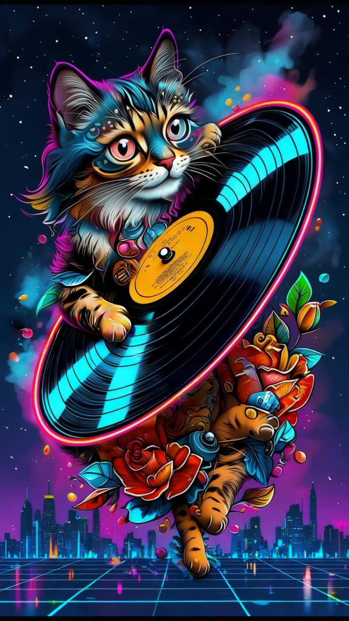 (Core description: glowing neon vinyl record spinning in mid-air, pulsing waveforms radiating into midnight city skyline) , (Style: retro-futuristic synthwave style raw) , (Medium: 3D render plus neon-glow illustration) inspired by (Art movement Vaporwave) and (specific art style by Syd Mead) , (Specific keywords: lofi vibes, audio spectrum, chromatic bloom) , (Emotional layer: nostalgic groove) , (Lighting and atmosphere: magenta-cyan neon rim light, subtle fog) , (Composition and perspective: centered record, cityscape silhouette bottom third) , (Color palette: electric cyan #00F0FF, hot magenta #FF00C8, midnight navy #0B0033) , (Specific background details: star-speckled sky with faint grid horizon) , (Additional textures: vinyl micro-groove detail) , (Painting style of time period: 1980s arcade posters) , (Resolution and quality: 64K 300 dpi ultra-sharp) , (Negative: --no watermark --no film grain) --chaos 25 --ar 9:16 --seed 48765 --exp 46 --raw --profile 3twe9xf --stylize 750