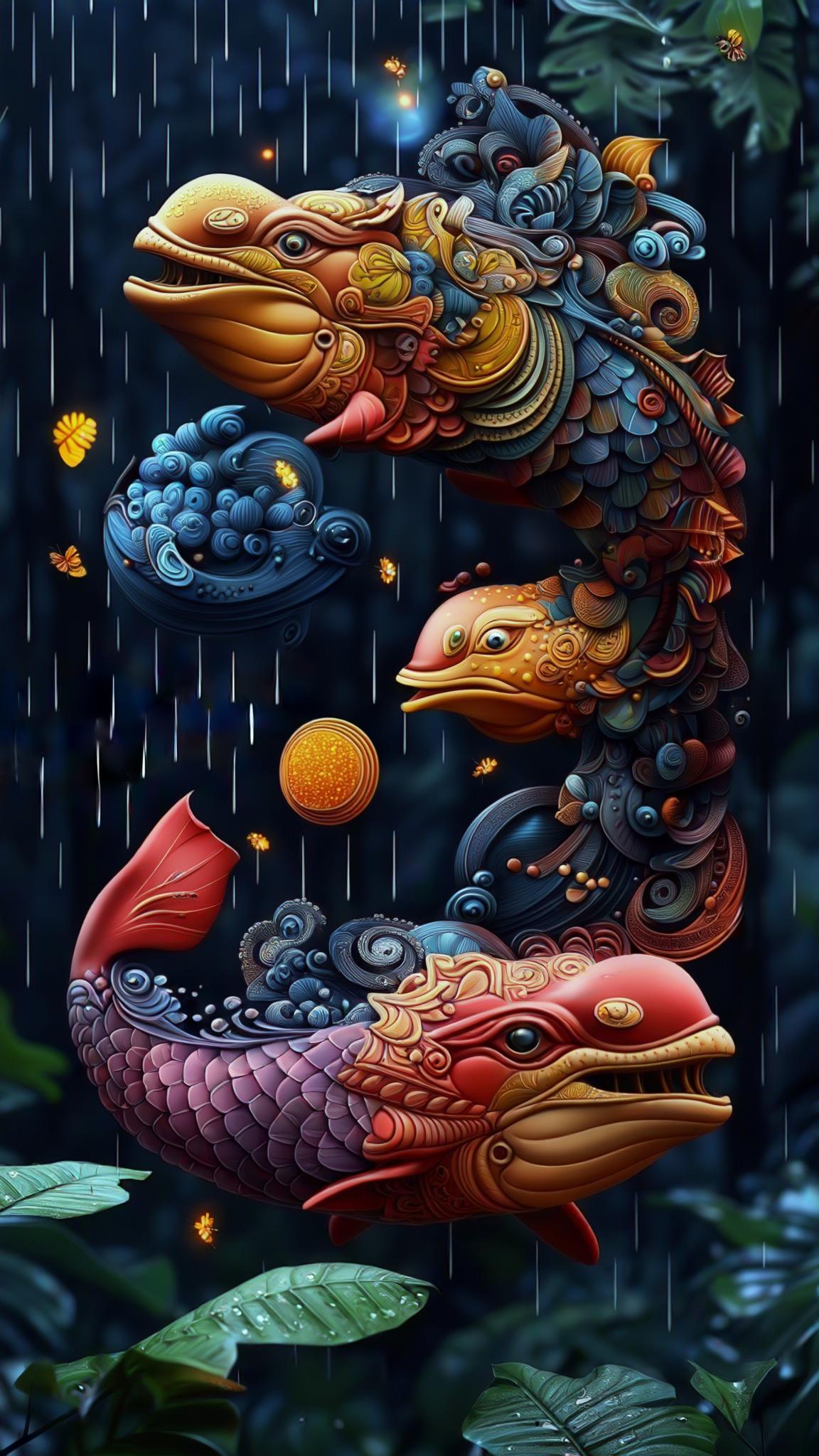 Bioluminescent skywhales weaving above a rain-drenched rainforest canopy, spores and firefly pollen spiraling in warm updrafts, emerald leaves glitter with dew, serene night migration, no text --chaos 25 --ar 9:16 --raw --profile 3twe9xf --stylize 750