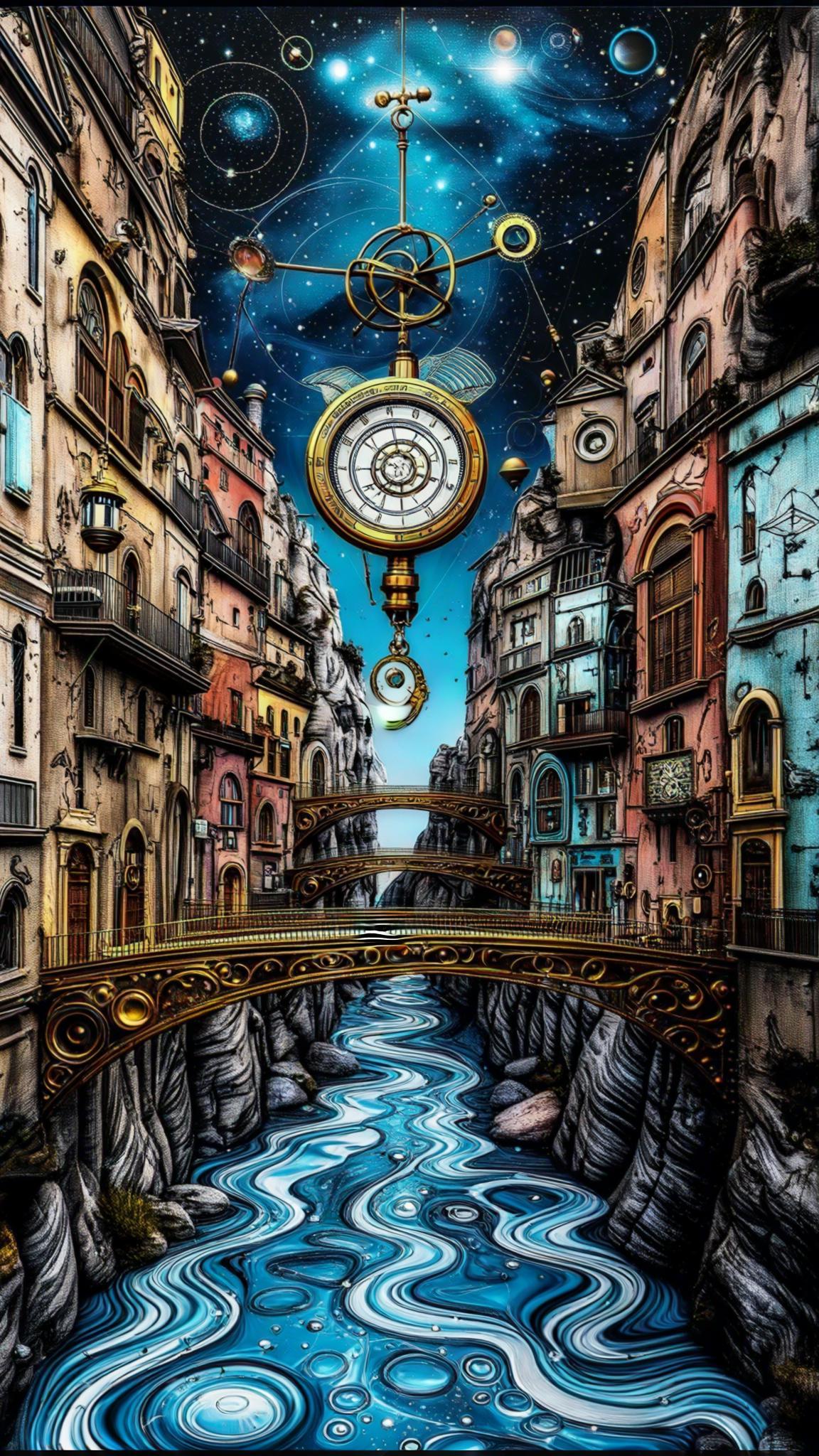 Clockwork orrery canyon where rivers of liquid mercury mirror constellations, brass bridges and hanging astrolabes span striated cliffs, precision and wonder in equal measure, no text --chaos 25 --ar 9:16 --raw --profile 3twe9xf --stylize 750