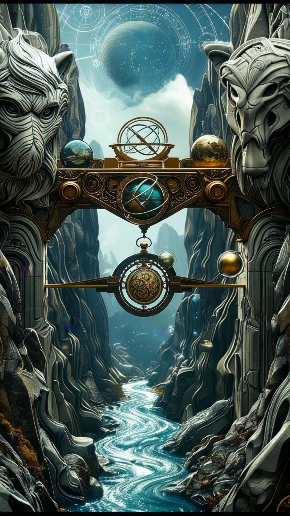 Clockwork orrery canyon where rivers of liquid mercury mirror constellations, brass bridges and hanging astrolabes span striated cliffs, precision and wonder in equal measure, no text --chaos 25 --ar 9:16 --raw --profile 3twe9xf --stylize 750