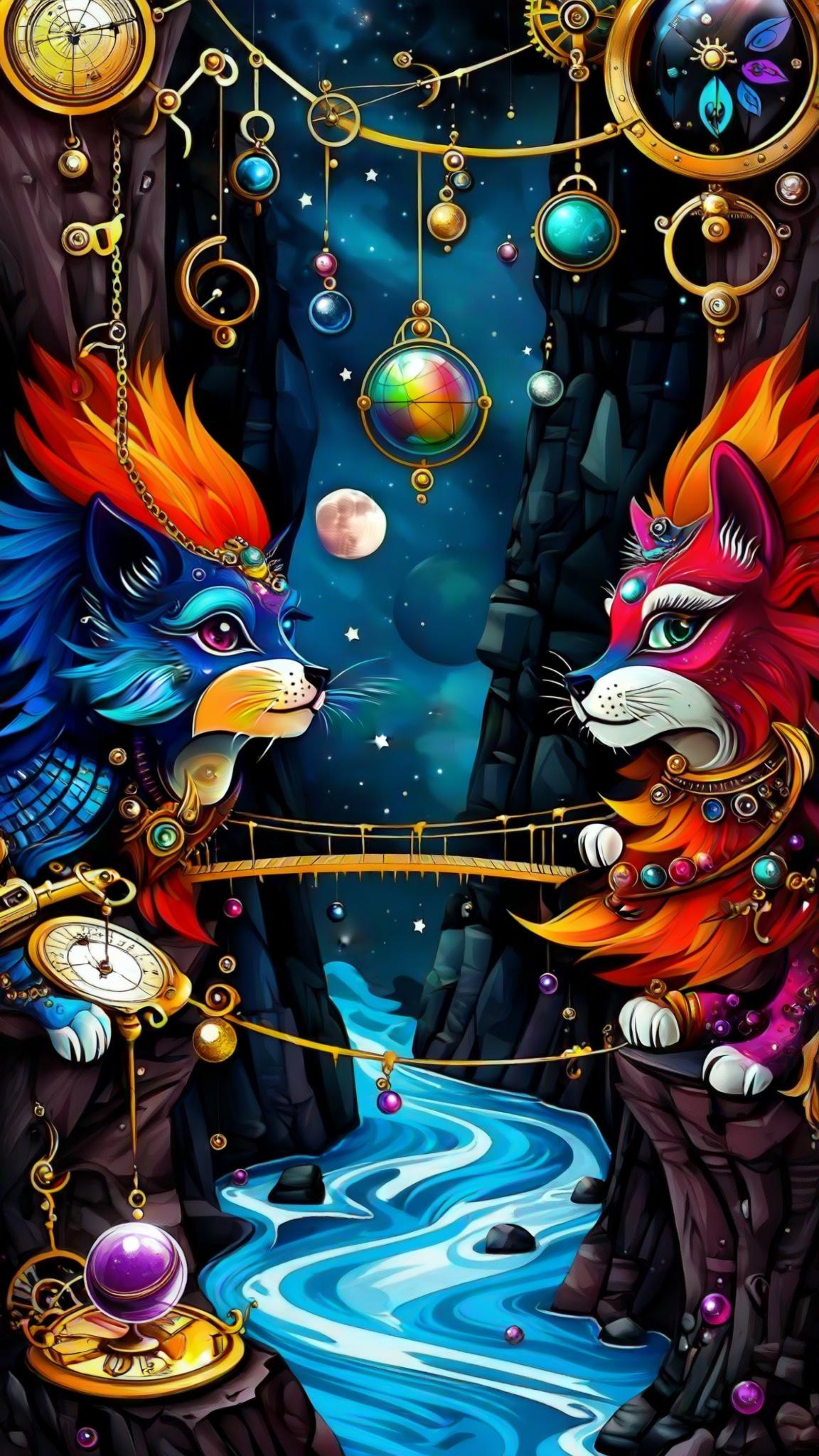 Clockwork orrery canyon where rivers of liquid mercury mirror constellations, brass bridges and hanging astrolabes span striated cliffs, precision and wonder in equal measure, no text --chaos 25 --ar 9:16 --raw --profile 3twe9xf --stylize 750