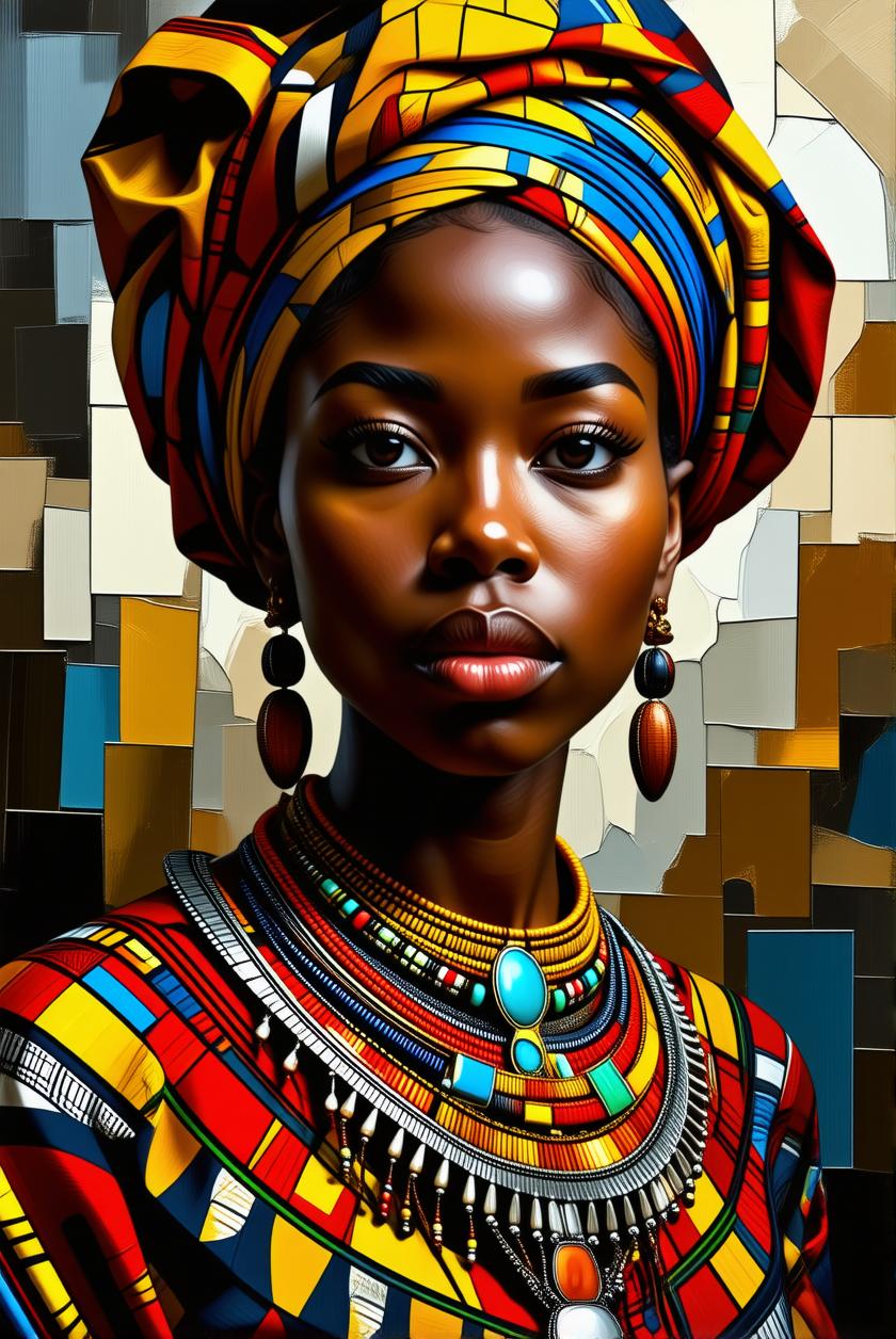 ((best quality)), ((masterpiece)), (detailed:1.3), 8K, portrait of an African woman adorned in traditional jewelry and colorful fabrics, bold patterns, vibrant textures, expressive brushstrokes, blend of paint and collage techniques, (earthy tones and rich golds:1.3), tribal symbols, abstract background, cultural storytelling, (mixed media art style:1.4), low-angle perspective, in the style of Kehinde Wiley and Njideka Akunyili Crosby