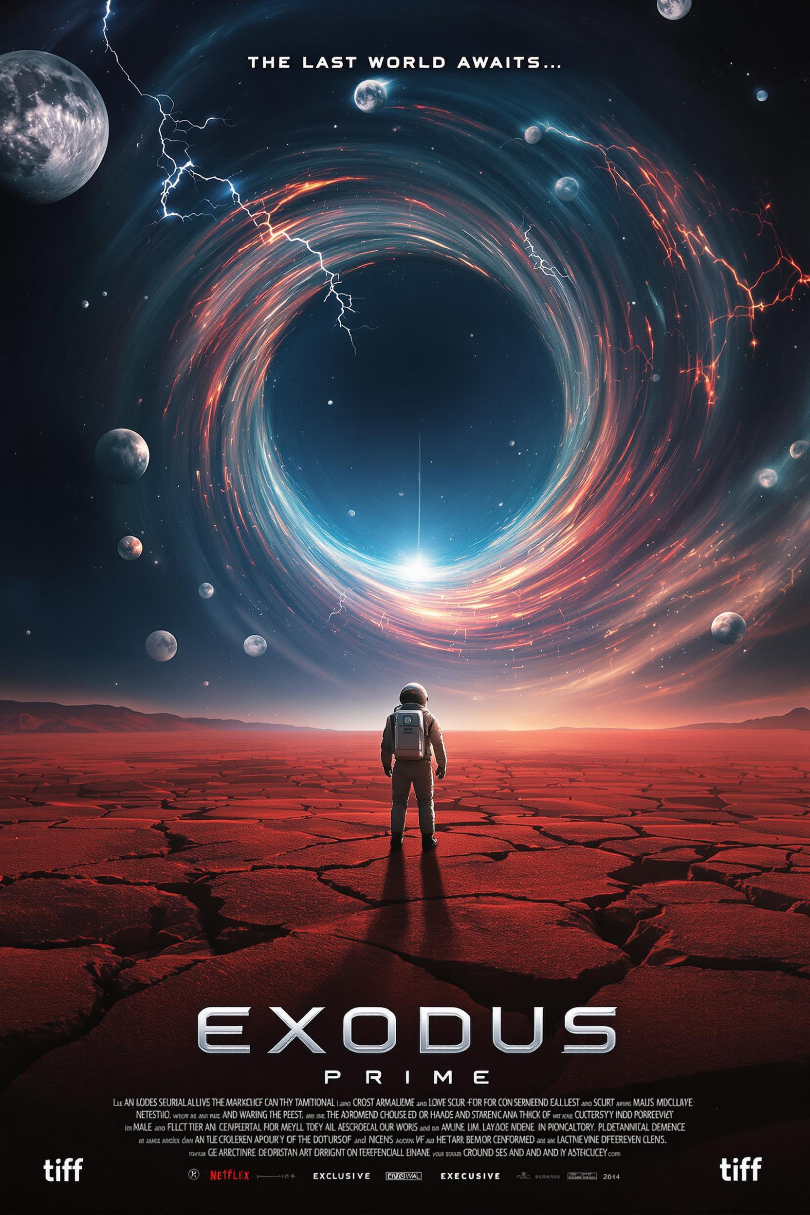 Generate an image of 
Design a cinematic sci-fi poster for "EXODUS PRIME". A solitary astronaut faces a pulsing wormhole over a fractured red desert, shadows cast behind him. Swirling nebulae, broken moons, and faint lightning storms stretch across the sky. Cold light from the portal reflects off the astronaut’s helmet. Use film grain, wide lens flares, and hazy atmospheric lighting. Color palette: deep indigo, crimson, and silver chrome.
Typography: Movie title “EXODUS PRIME” in chrome metallic block font, centered bottom. Tagline above the horizon: “The last world awaits…” in narrow, uppercase serif. Add subtle film credits in minimalist block layout beneath the title. Include two small TIFF festival laurels flanking bottom corners.
Poster style: IMAX 2024 teaser, 24x36 inches, cinematic realism, moody shadows, dramatic depth. Style like a Netflix sci-fi exclusive or Ridley Scott production. Use subtle top fade for optional actor names or hook text.