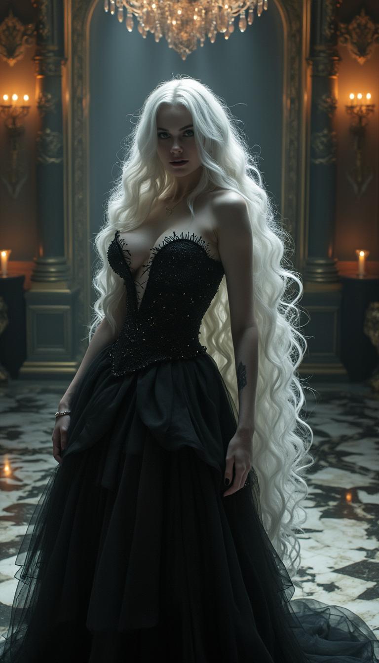 A vampire-pale woman with 44DD breasts and stark white hair cascading in a large, thick wave down her back and shoulders stands confidently with a commanding presence in a dark, elegant ballroom illuminated by