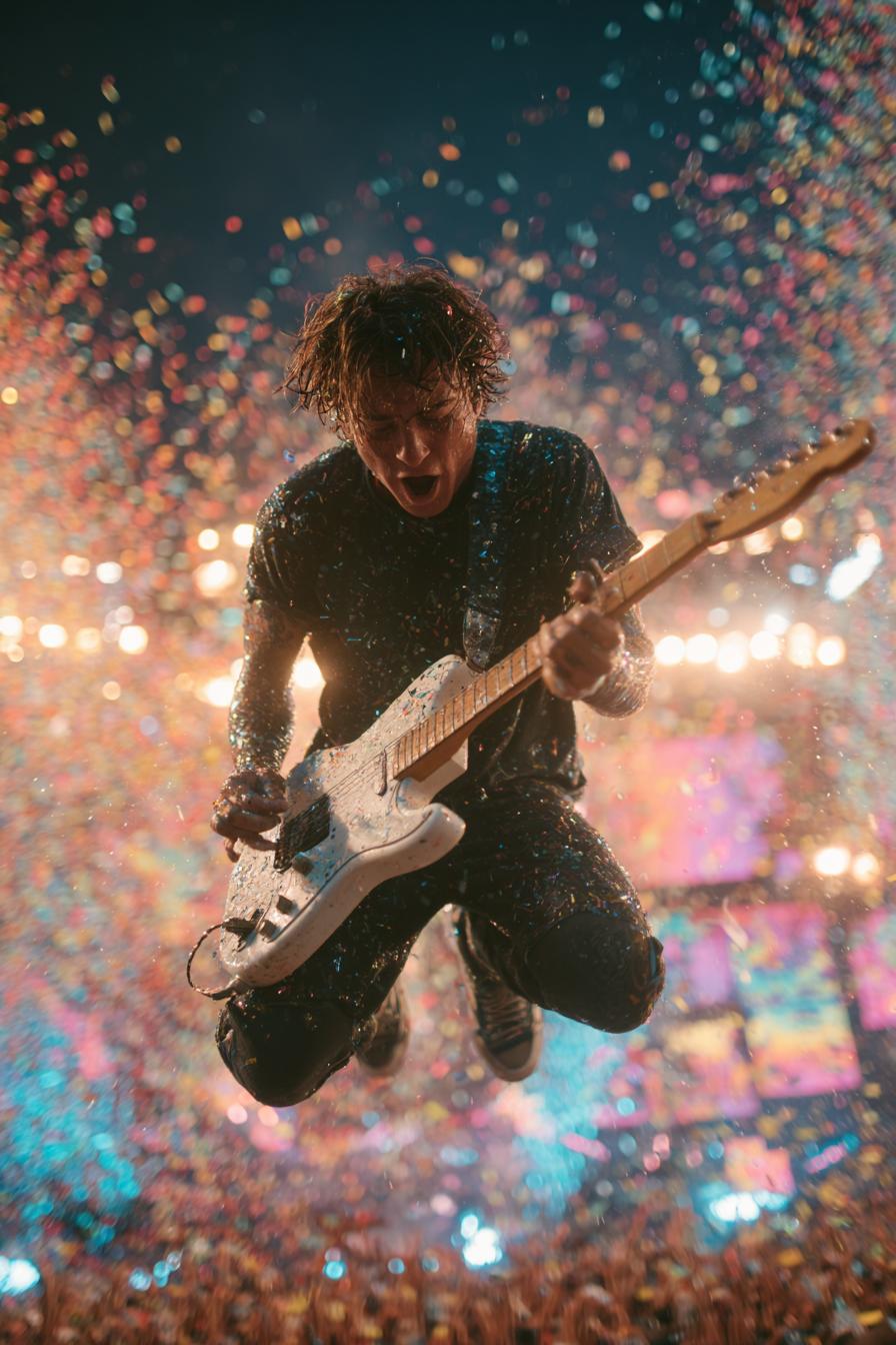 crisp stage LEDs and light beams through haze, glossy guitar lacquer with clean edges, natural hair strands, fine confetti shapes, dense crowd bokeh, smooth color gradients, preserve motion blur in background

