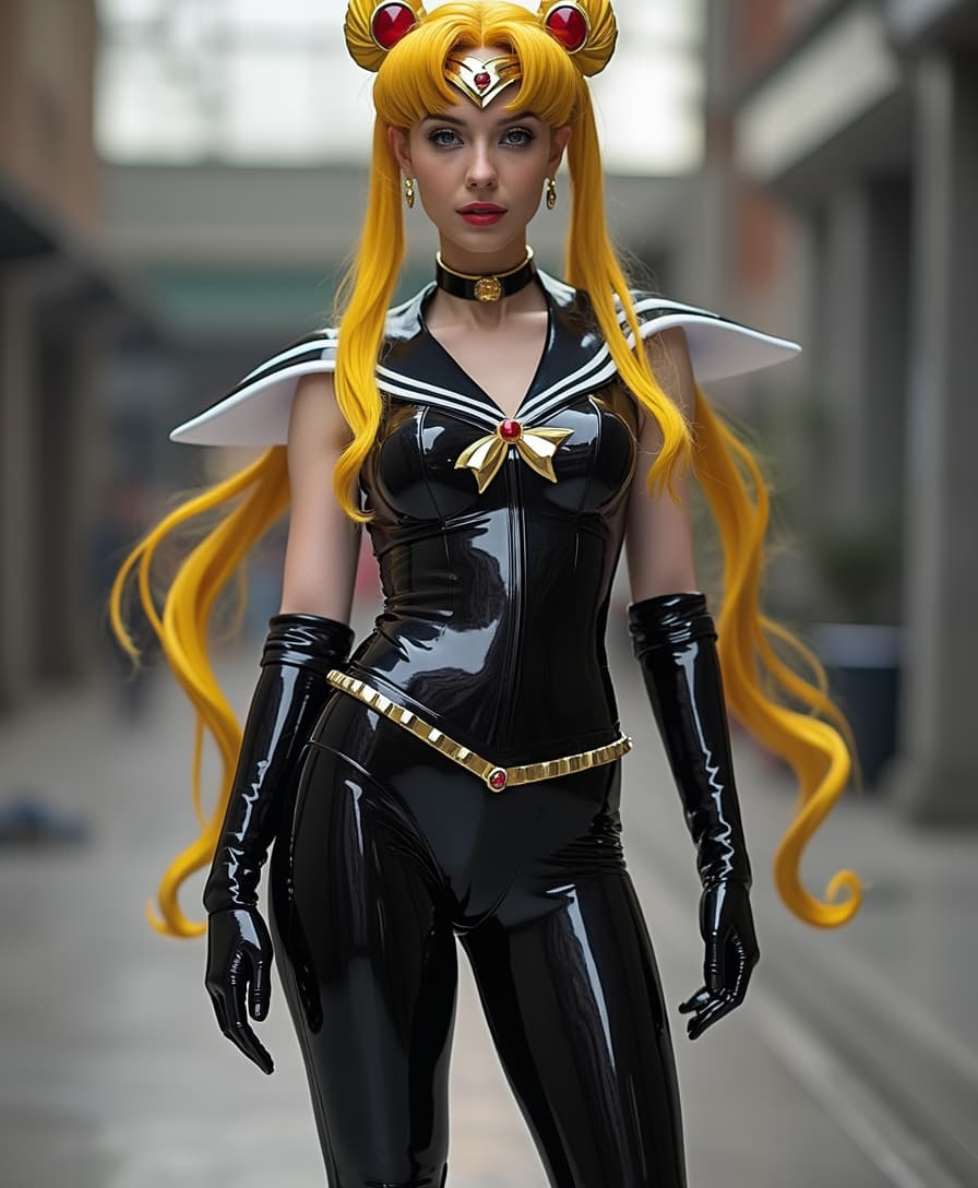 Sailor moon in a black latex version of her costume.