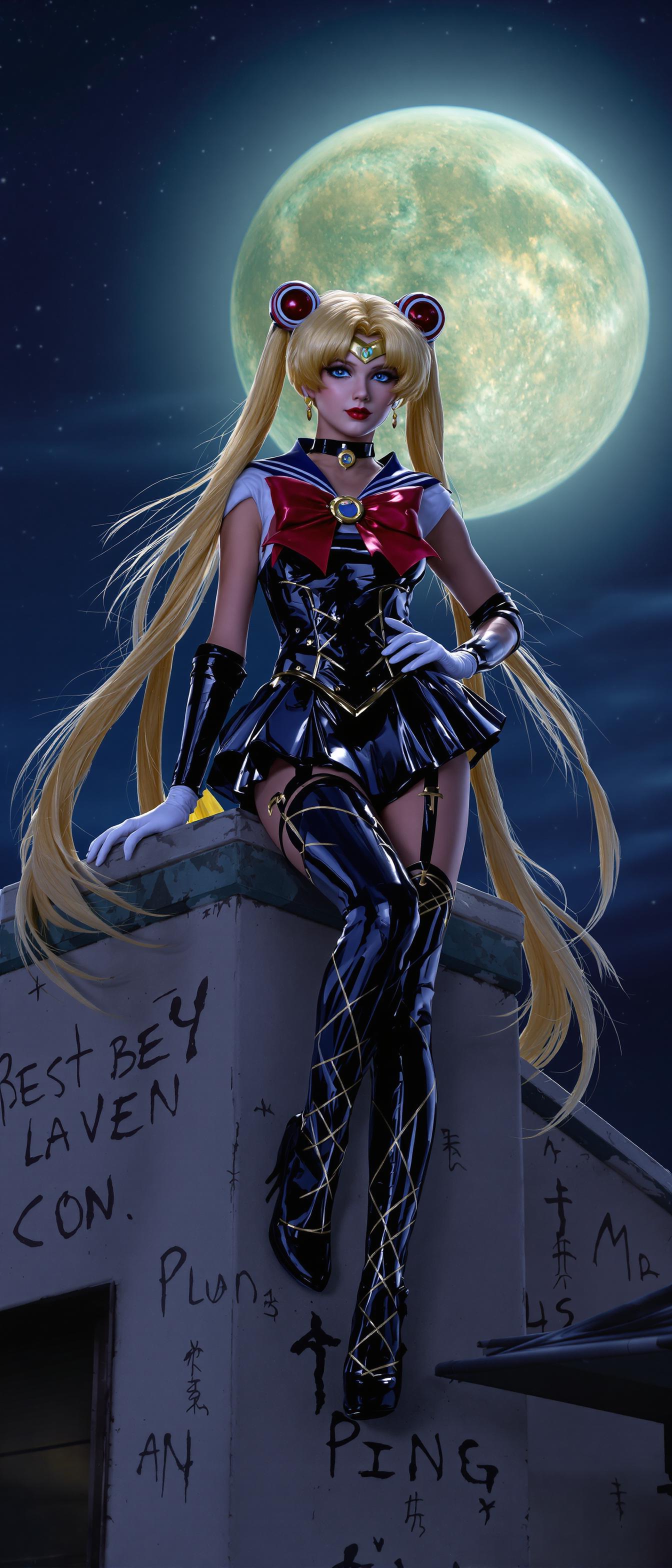 Sailor moon in a black latex version of her costume. Posing on a building under a full moon