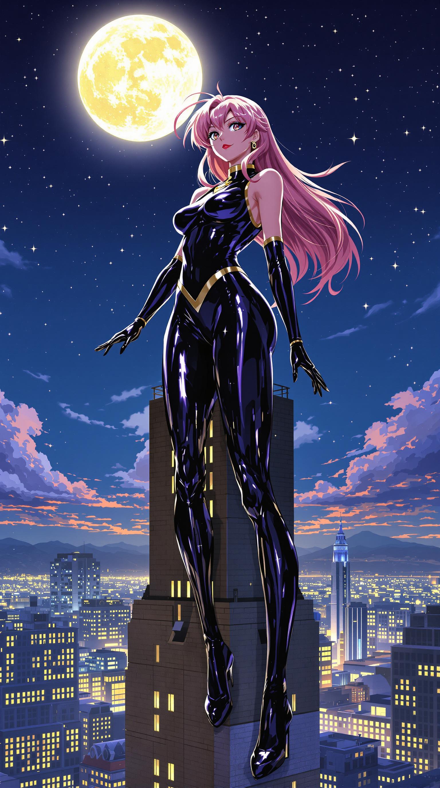A dynamic anime illustration of Sailor Venus in a sleek black latex version of her iconic costume, striking a confident pose atop a tall urban building under a glowing full moon, with city lights twinkling below and a starry night sky above, featuring bold outlines, vibrant colors, and dramatic moonlight casting shiny highlights on the glossy material.