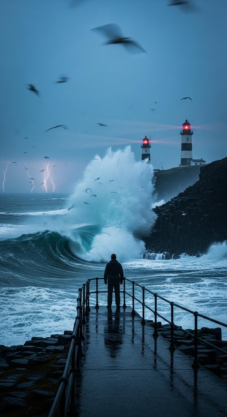 Wide establishing shot, locked tripod long‑exposure look, subtle 35 mm grain captured at ISO 200; lighthouse keeper on rain‑slick catwalk as storm waves explode into glassy spray, gulls streak as ghost lines; basalt cliff at blue hour, lightning veins on horizon, tense resolute tone; cinematic photoreal poster style inspired by pictorialist long‑exposure seascape technique and art‑deco poster geometry, ultrachromatic ocean teal with ember beacons and steel gray, determined mood; deep DOF, focus on keeper silhouette against wave crown, low‑key exposure, cool neutral WB, 300 dpi, 124K resolution
--ar 2:3 --stylize 640 --chaos 18 --exp 32 --seed 22017 --no purple --no text --style raw --v 7