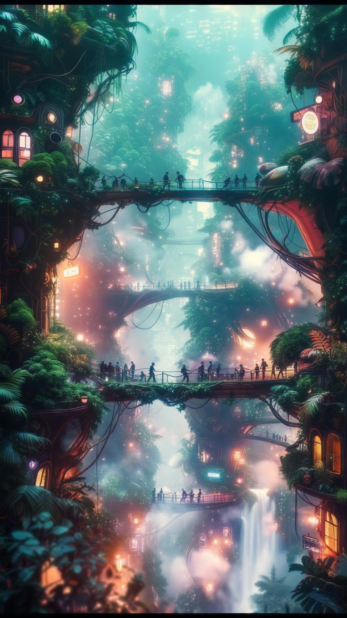 Three‑quarter wide cityscape, slow dolly‑in, subtle 16 mm grain captured at ISO 320; pedestrians and cyclists streaming across vine‑draped skybridges, tiered waterfalls venting mist between bioluminescent gardens; twilight rainforest megacity, lanterns and soft signage, hopeful sustainable tone; cinematic photoreal inspired by solarpunk organic design and art‑nouveau foliage linework, palette: emerald/teal canopy, warm amber windows, cloud‑silver mist, uplifting mood; shallow‑to‑medium DOF, focus on mid‑bridge crowd cluster, balanced exposure, neutral WB, 300 dpi, 124K resolution
--ar 2:3 --stylize 750 --chaos 28 --exp 38 --seed 51290 --no purple --no text --style raw --v 7