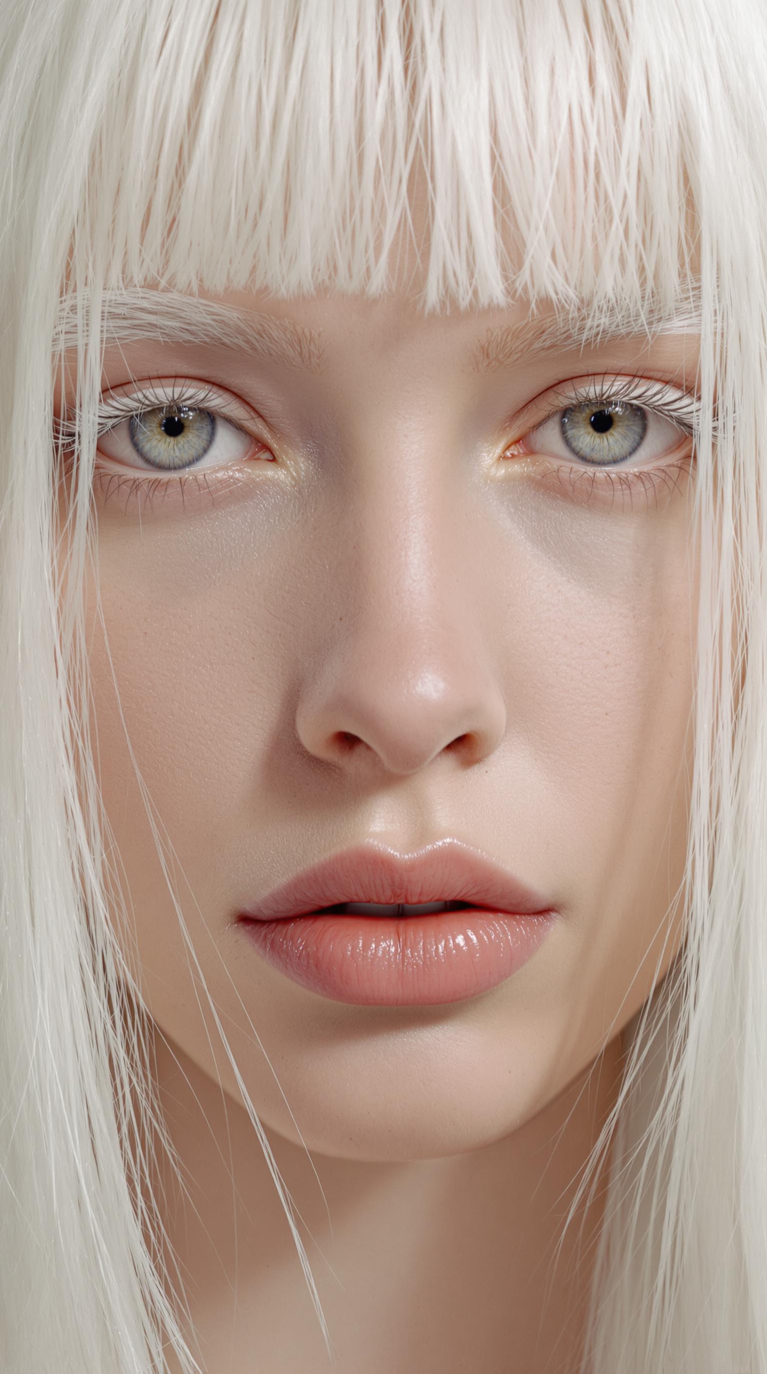photorealistic, extrem detailed, closeup portrait, young woman, albino, very white long straight hair, white eye brows, eyes without iris, white eyes, (full lips), (parted lips), detailed skin, natural skin, skin pores, pale skin, 