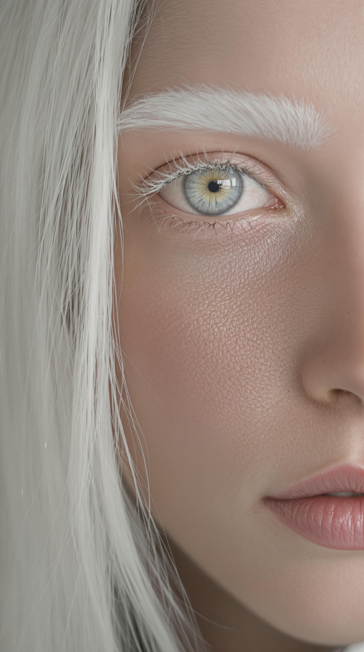photorealistic, extrem detailed, closeup portrait, young woman, albino, very white long straight hair, white eye brows, eyes without iris, white eyes, (full lips), (parted lips), detailed skin, natural skin, skin pores, pale skin, 