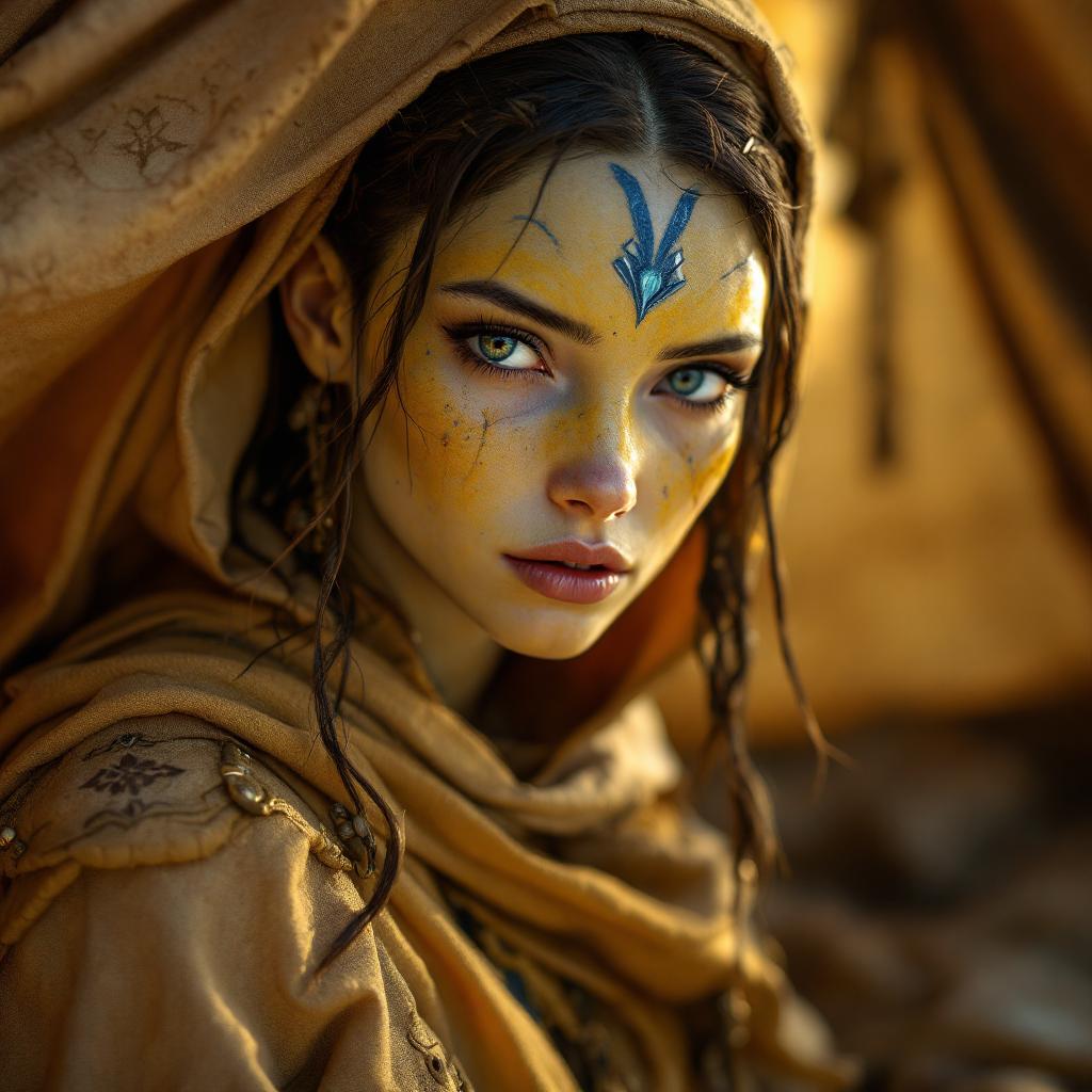 photorealistic,(hyperrealistic:1.2),beautiful,masterpiece,best quality,perfect lighting,, twi'lek, yellow skin, headgear, <lora:Expressive_H:0.6>,expressiveh,score_9,score_8_up,score_7_up,1boy,1girl,in a tent,pretty woman,22 years old,thin,fit,