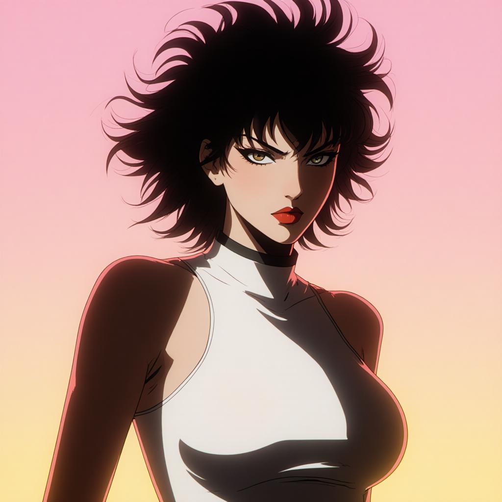 Create a full body portrait of a woman in the Japanese retro anime style of the 80s and 90s. The scene features a top model with wild hair, exuding confidence and allure. She stands in a dynamic pose that highlights her form and curves, set against a soft pink and yellow palette. The lighting reflections and shadows add depth and intensity to the scene. Her gaze is evocative and intense, aware of her own beauty and playing it up for the photoshoot. She is dressed in stylish, minimalist clothing that accentuates her form, with bold lipstick and eyeliner highlighting her sharp facial features. The background is minimalist, ensuring all attention is on her captivating presence. Emphasize her confident pose, wild hair, and the dramatic interplay of light and shadow, creating a nostalgic yet striking visual in the retro anime style.
.. easynegative, sinozick style, flat color, dark theme, g4n1m3