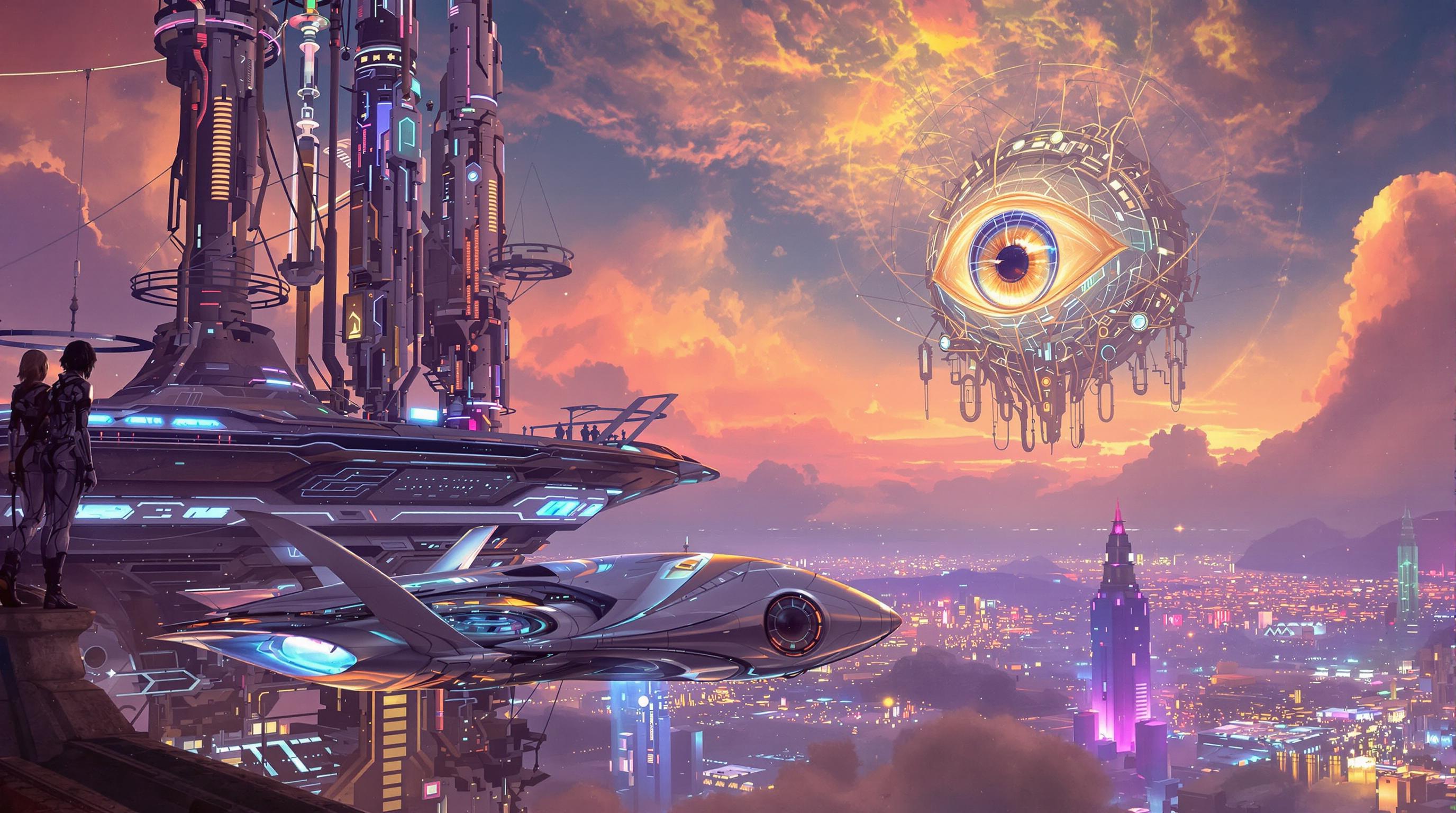 A masterpiece of sci-fi style created by the collaboration of Tamara de Lempicka and Edgar Degas.    In this sci-fi photograph, we see a vast, futuristic cityscape against a twilight sky, bathed in a soft, otherworldly glow from distant neon lights and atmospheric distortions. The city is constructed on large floating platforms that seem to hover above a shimmering cosmic sea, hinting at the possibility of an alien ecosystem or advanced space-based architecture. Suspended below these platforms are intricate networks of cables and energy beams, creating a web-like pattern that glows in vibrant blues and purples.In the foreground, a sleek, metallic spaceship with organic, fluid design elements is parked beside a towering structure resembling a giant, transparent dome. The ship's windows reveal a crew of beings with advanced cybernetic enhancements and holographic projections dancing across their interfaces. Above the city, an enormous, glowing eye-like construct looms in the sky, its iris reflecting the myriad lights below—a mysterious artificial intelligence overseeing the metropolis.The atmosphere is thick with swirling clouds of iridescent mist that appear to shift colors rapidly, adding a sense of motion and otherworldly magic. The overall scene exudes a blend of technological marvel and mystical wonder, suggesting an advanced civilization at the brink of new cosmic discoveries.