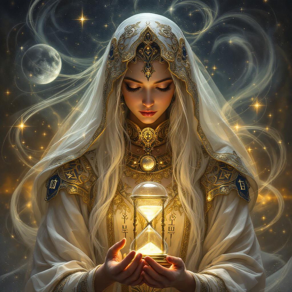(style-swirlmagic:0.8), portrait, solo, (full body:0.6), looking down, detailed background, detailed face, (<lora:DecorationBundlev2:0.4>, ivorygoldai, ivory-gold theme:1.1), ancient oracle, mystic, (glowing eyes:1.1), eyes of eternity, contemplative,   symbolism, (gold trimmed:0.8) Bright Navy robes, veil,  hourglass, swirling Wood Brown arcane patterns in the air,   levitating runes, moon phases in background, magical lighting, whispers of wind, epic atmosphere, epic composition,, <lora:Fant5yP0ny:0.5>,<lora:Expressive_H:0.6>,expressiveh,score_9,score_8_up,score_7_up,