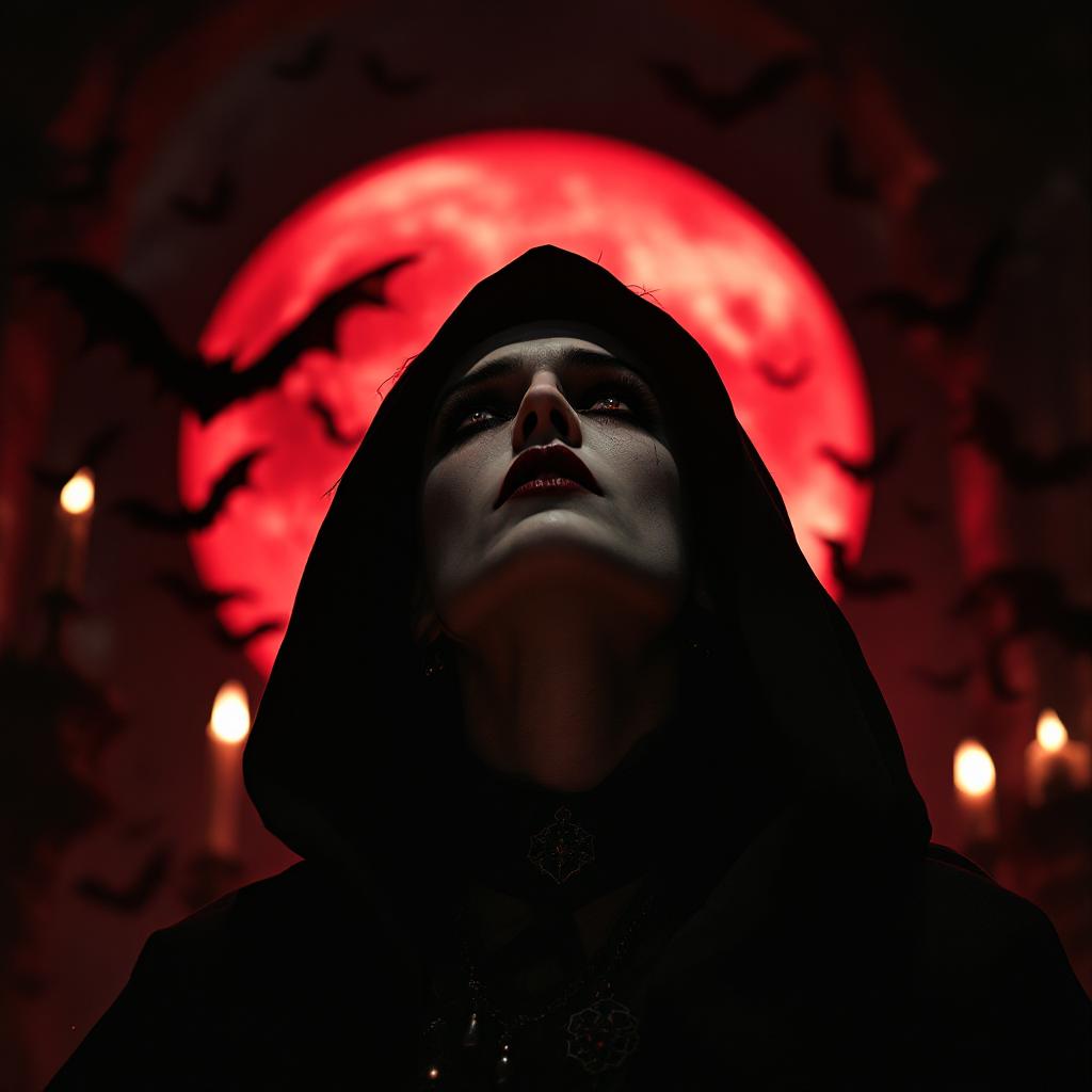 solo, half shot, looking up, detailed background, detailed face, (<lora:VampiricTech:0.6>, vamptech  theme:1.1) vampire, piercing gaze, vampiric,  vampire fangs,  vampire clothes, hooded,   pendant, brooding, dark expression,   supernatural abilities,   bats in background,  altar in background, red moon,   contrast,  shadows, eerie atmosphere,, paparazzi photo, action, documentary style 1930s \(style\), Fill Lighting, Ilford HP5 Plus, realist detail, ue5, detailed character expressions, amazing quality, wallpaper, analog film grain, Establishing shot, Practical Lighting, Photoshop, analog film photo cinematic film still, shallow depth of field, vignette, highly detailed, high budget Hollywood film, bokeh, cinemascope, moody, epic, gorgeous, film grain, faded film, desaturated, 35mm photo, grainy, vintage, Kodachrome, Lomography, stained, found footage,
