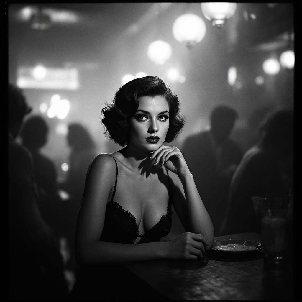 a woman in a bar,  paparazzi photo, action, documentary style 1930s \(style\), Fill Lighting, Ilford HP5 Plus, realist detail, ue5, detailed character expressions, amazing quality, wallpaper, analog film grain, Establishing shot, Practical Lighting, Photoshop, analog film photo cinematic film still, shallow depth of field, vignette, highly detailed, high budget Hollywood film, bokeh, cinemascope, moody, epic, gorgeous, film grain, faded film, desaturated, 35mm photo, grainy, vintage, Kodachrome, Lomography, stained, found footage