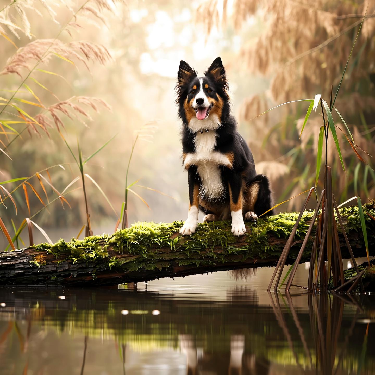 A playful dog perched on a moss-covered log in a misty bog, surrounded by tall reeds, shallow murky water, and foggy atmosphere, captured in a photorealistic DSLR photo with soft golden hour lighting, shallow depth of field, and ultra-detailed 8K resolution.