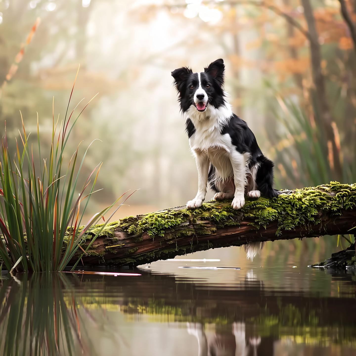 A playful dog perched on a moss-covered log in a misty bog, surrounded by tall reeds, shallow murky water, and foggy atmosphere, captured in a photorealistic DSLR photo with soft golden hour lighting, shallow depth of field, and ultra-detailed 8K resolution.