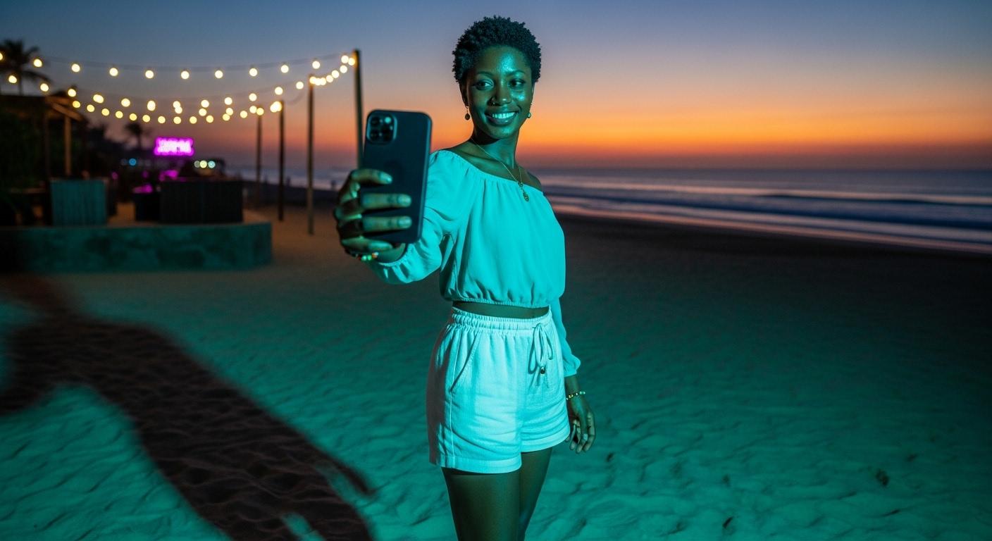 {
  "shot": {
    "composition": "Tight selfie-vlog, palm-string lights bokeh",
    "camera_motion": "arm-length phone sway, gentle sidestep in sand",
    "frame_rate": "30fps",
    "camera_model": "iPhone 15 Pro, Cinematic",
    "lens": "24 mm equiv f/1.9",
    "white_balance": "4800K sunset mix",
    "film_grain": "mobile sensor noise 6 %"
  },
  "subject": {
    "role": "Charge Nurse",
    "name": "Isha",
    "age": 24,
    "ethnicity": "Sierra Leonean",
    "appearance": "short natural curls, gold nose stud, radiant skin",
    "wardrobe": "turquoise off-shoulder top, white linen shorts, beaded anklet",
    "emotion": "frank, resilient",
    "movement": "turns to show surf line, back to lens with nod"
  },
  "scene": {
    "location": "Lumley Beach, Freetown",
    "time_of_day": "19:10 (blue hour)",
    "environment": "orange-pink horizon, beach-bar neon, distant Afrobeat, gentle surf"
  },
  "audio": {
    "ambient": "small waves, muffled Afrobeat bass, laughter cluster",
    "mix_level_db": -14,
    "voice_over": {
      "language": "en-SL",
      "voice_profile": {
        "id": "AfricanFemale_Eng_West_NaturalV2",
        "tier": "studio-hd",
        "naturalness": 1,
        "stability": 0.25,
        "accent": "SL-EN",
        "speech_speed": "fast_095"
      },
      
    },
    "audio_master": {
      "target_lufs": -14,
      "true_peak_db": -2,
      "dialogue_enhance": false
    },
  
    }
  },
  "color_palette": "teal shadows, warm sunset mids, neon pink highlights"
}