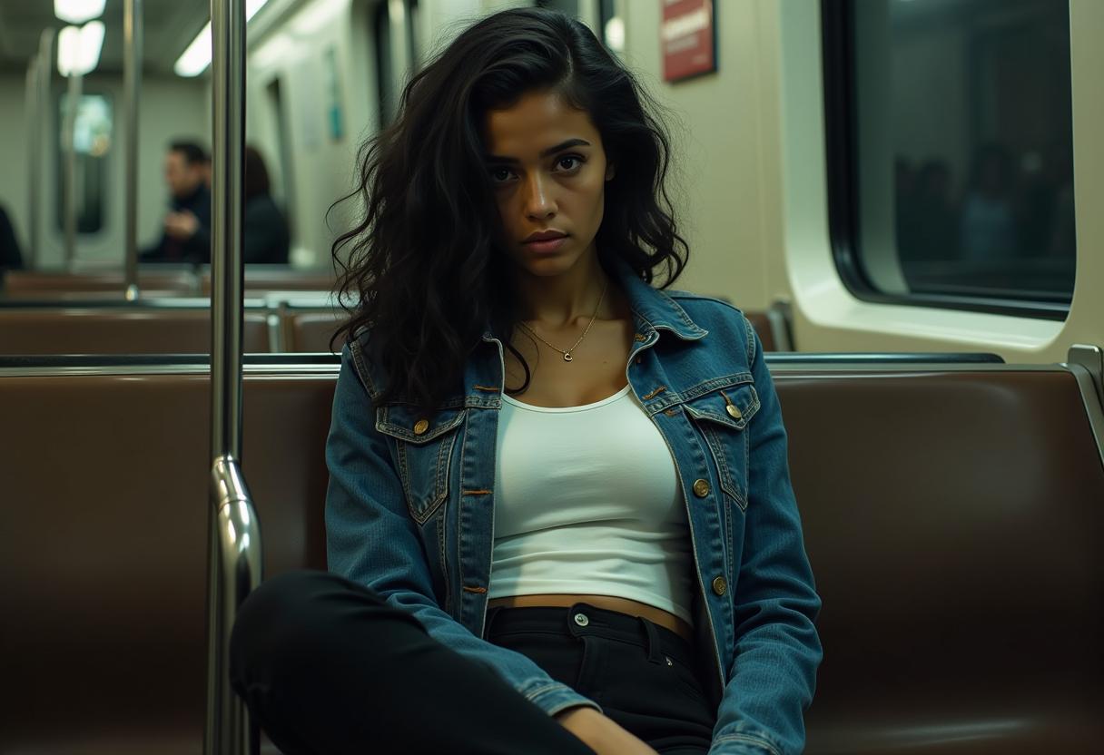 Young woman, sitting in a subway train. Dressed in a shabby denim jacket, black trousers, and tight white tshirt barely containing her 44DD breasts. His hair is a messy long mass of black curls. His face is a study of fear and desperation 