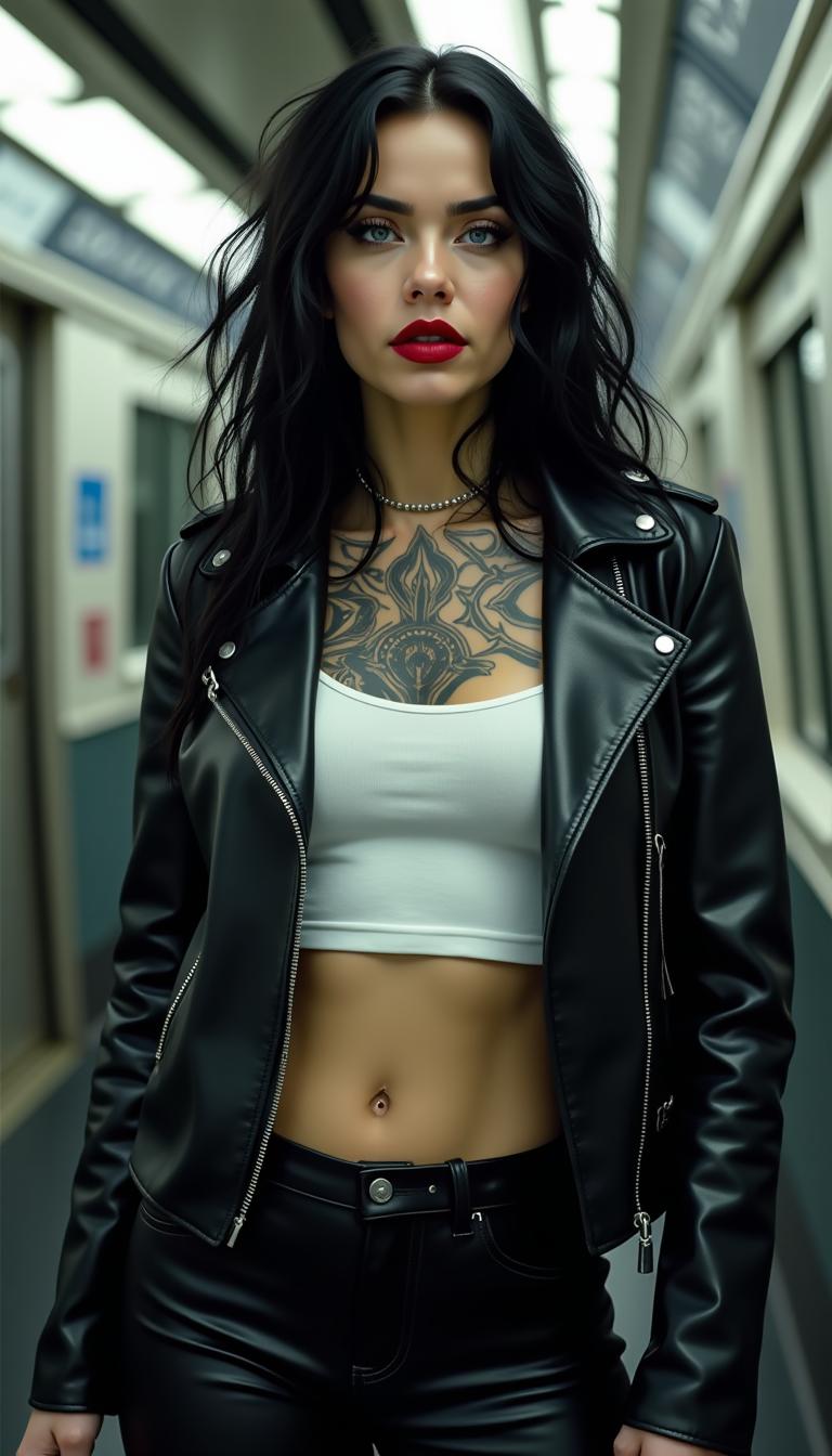 Yo

vampire queen, a pale woman, standing in a subway train. Dressed in a shiny black leather biker jacket, tight shiny black leather trousers, and tight white croptop tshirt barely containing her 44DD breasts. Her hair is a messy long mass of black curls. Her face is a study of hunger and cruelty. Her skin covered  with dark mystical tattoos. Eyes bright blue color, and her lips are shiny blood red.