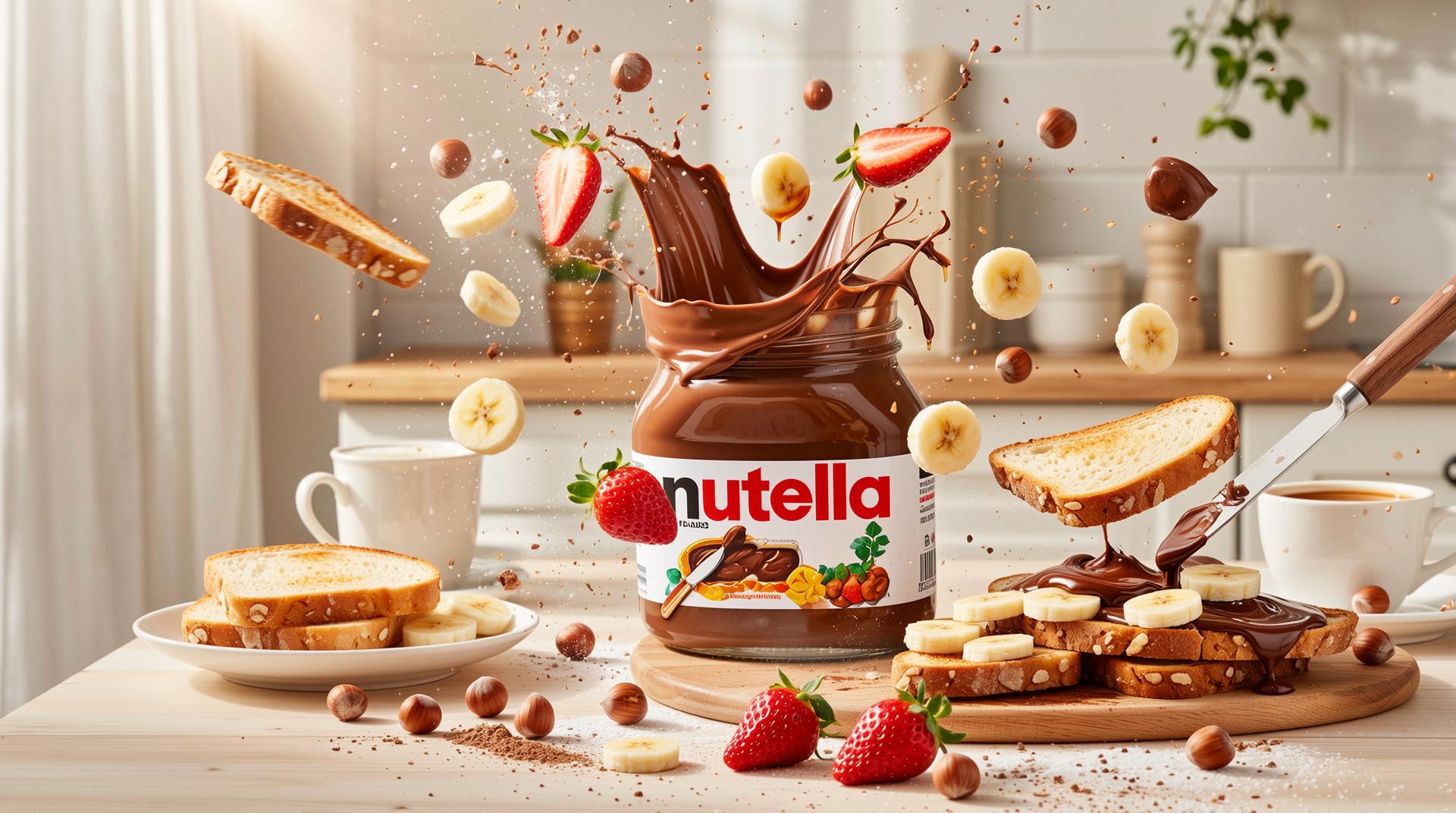 subject:
  description: >-
    Photorealistic cinematic shot of a sunlit kitchen nook. A sealed Nutella jar begins to vibrate gently, then bursts
    open—releasing a rich explosion of swirling chocolate, roasted hazelnuts, toast slices, strawberries, and golden
    syrup. The ingredients twirl mid-air in gravity-defying slow motion, assembling into a picture-perfect Nutella
    breakfast platter on a rustic wooden table.. Includes: sealed Nutella jar (center of table), thick chocolate ribbons
    swirling through air, flying toasted bread slices with golden crust, hazelnuts spinning and cracking mid-air, sliced
    bananas and strawberries tumbling gently, honey and syrup droplets catching light, knife spreading Nutella mid-air
    onto toast, glass of milk and warm coffee cup floating into frame, powdered sugar and cocoa mist drifting like fog
  action: >-
    a beautifully arranged Nutella breakfast board sits steaming on the table, chocolate glistening in the sunlight,
    with a final hazelnut rolling slowly to a stop near the jar
visual_details:
  style: photorealistic cinematic
  mood: >-
    16:9, Nutella explosion, hazelnuts, swirling chocolate, realistic food, breakfast aesthetic, slow motion, natural
    morning light, high detail, no text, chocolate swirl, toast fly-in, cinematic
shot:
  composition: slow orbital shot from low angle upward, transitioning into an overhead top-down reveal
  camera_motion: >-
    jar shakes, lid pops and spins off, chocolate erupts upward with roasted hazelnuts orbiting it, toast slices fly in
    from off-screen, fruit slices rain down and assemble into a breakfast board as camera moves overhead
scene:
  lighting: morning sunlight streaming through soft white curtains, gentle glow on chocolate and fruit highlights
  location: cozy breakfast nook with wooden table, beige walls, ceramic mugs, and hanging plants
