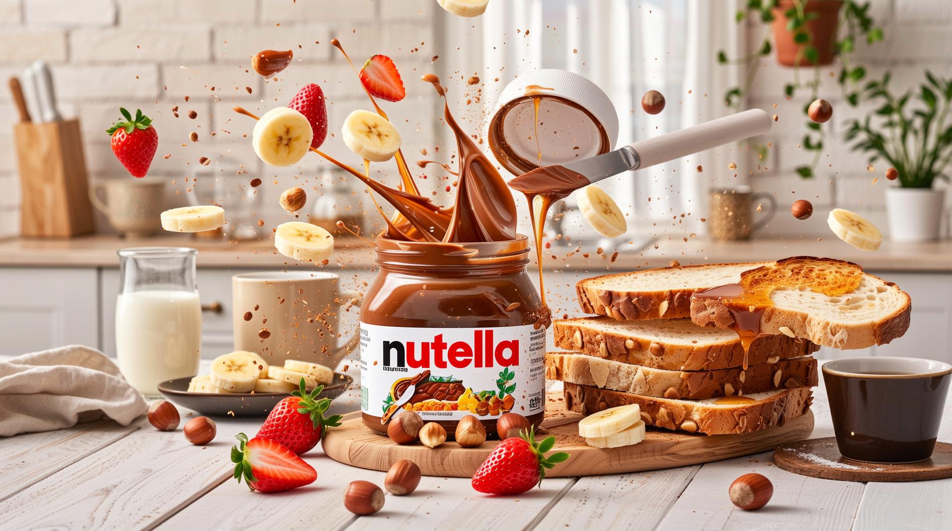 subject:
  description: >-
    Photorealistic cinematic shot of a sunlit kitchen nook. A sealed Nutella jar begins to vibrate gently, then bursts
    open—releasing a rich explosion of swirling chocolate, roasted hazelnuts, toast slices, strawberries, and golden
    syrup. The ingredients twirl mid-air in gravity-defying slow motion, assembling into a picture-perfect Nutella
    breakfast platter on a rustic wooden table.. Includes: sealed Nutella jar (center of table), thick chocolate ribbons
    swirling through air, flying toasted bread slices with golden crust, hazelnuts spinning and cracking mid-air, sliced
    bananas and strawberries tumbling gently, honey and syrup droplets catching light, knife spreading Nutella mid-air
    onto toast, glass of milk and warm coffee cup floating into frame, powdered sugar and cocoa mist drifting like fog
  action: >-
    a beautifully arranged Nutella breakfast board sits steaming on the table, chocolate glistening in the sunlight,
    with a final hazelnut rolling slowly to a stop near the jar
visual_details:
  style: photorealistic cinematic
  mood: >-
    16:9, Nutella explosion, hazelnuts, swirling chocolate, realistic food, breakfast aesthetic, slow motion, natural
    morning light, high detail, no text, chocolate swirl, toast fly-in, cinematic
shot:
  composition: slow orbital shot from low angle upward, transitioning into an overhead top-down reveal
  camera_motion: >-
    jar shakes, lid pops and spins off, chocolate erupts upward with roasted hazelnuts orbiting it, toast slices fly in
    from off-screen, fruit slices rain down and assemble into a breakfast board as camera moves overhead
scene:
  lighting: morning sunlight streaming through soft white curtains, gentle glow on chocolate and fruit highlights
  location: cozy breakfast nook with wooden table, beige walls, ceramic mugs, and hanging plants
