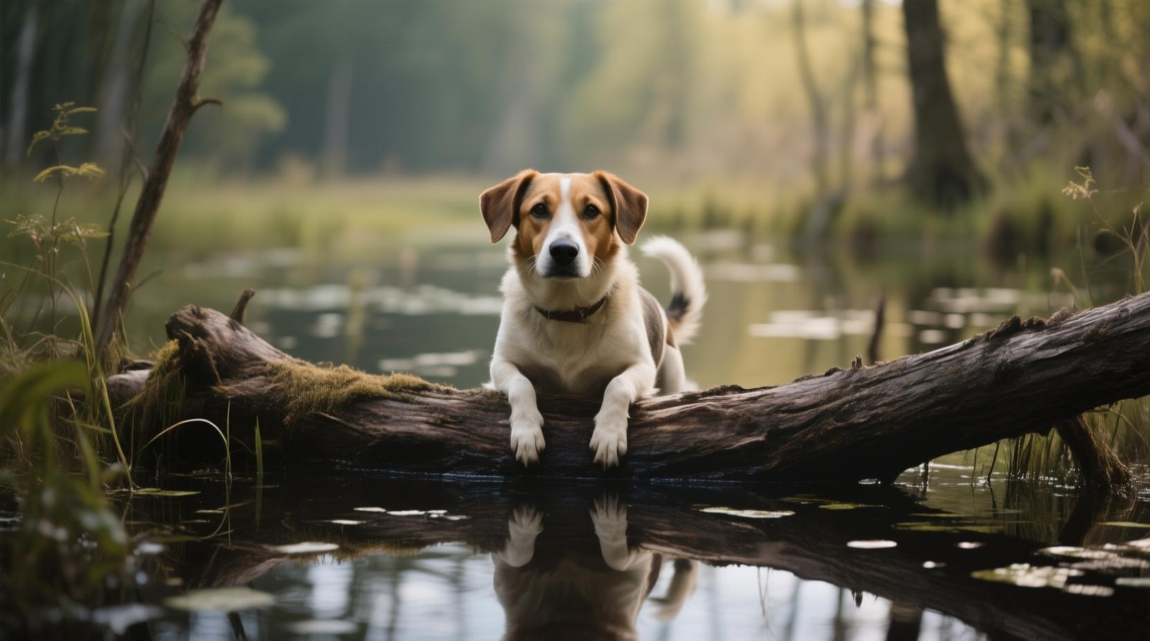 a dog in a bog on a log
