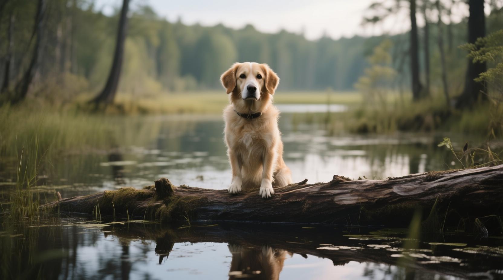 a dog in a bog on a log