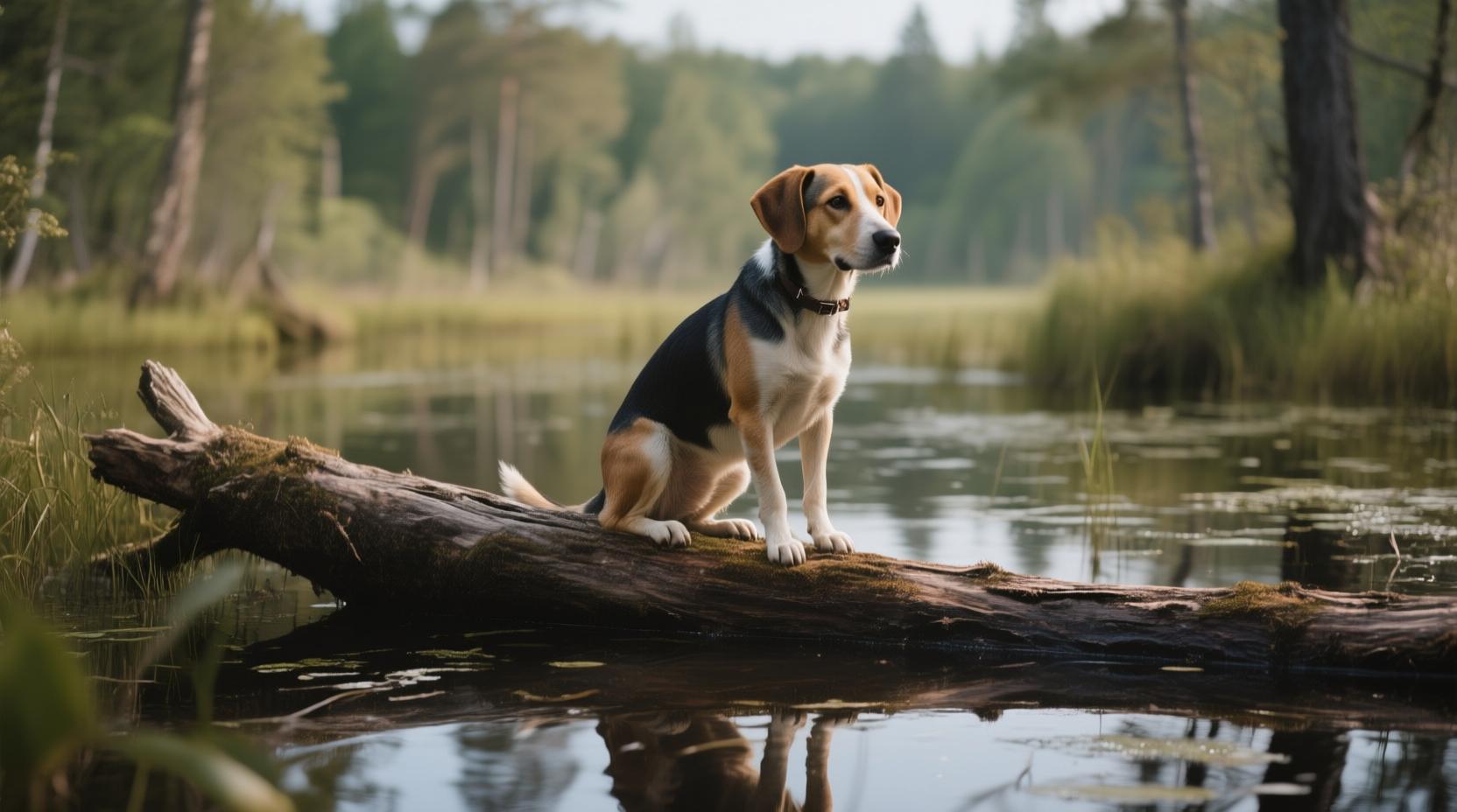 a dog in a bog on a log