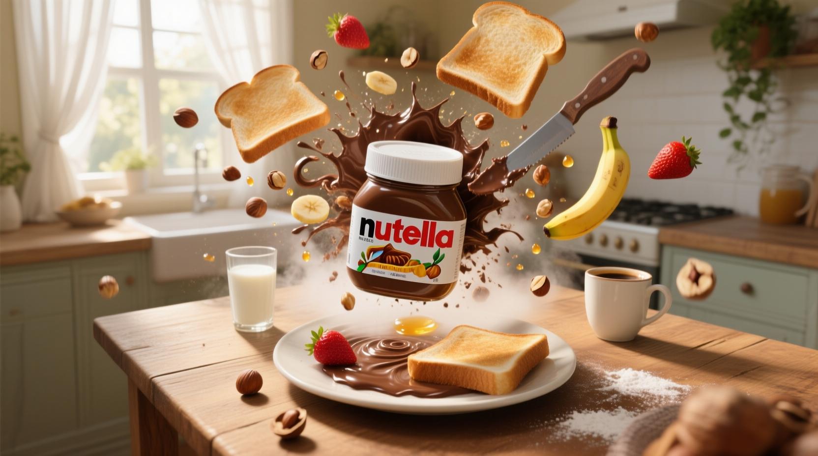 subject:
  description: >-
    Photorealistic cinematic shot of a sunlit kitchen nook. A sealed Nutella jar begins to vibrate gently, then bursts
    open—releasing a rich explosion of swirling chocolate, roasted hazelnuts, toast slices, strawberries, and golden
    syrup. The ingredients twirl mid-air in gravity-defying slow motion, assembling into a picture-perfect Nutella
    breakfast platter on a rustic wooden table.. Includes: sealed Nutella jar (center of table), thick chocolate ribbons
    swirling through air, flying toasted bread slices with golden crust, hazelnuts spinning and cracking mid-air, sliced
    bananas and strawberries tumbling gently, honey and syrup droplets catching light, knife spreading Nutella mid-air
    onto toast, glass of milk and warm coffee cup floating into frame, powdered sugar and cocoa mist drifting like fog
  action: >-
    a beautifully arranged Nutella breakfast board sits steaming on the table, chocolate glistening in the sunlight,
    with a final hazelnut rolling slowly to a stop near the jar
visual_details:
  style: photorealistic cinematic
  mood: >-
    16:9, Nutella explosion, hazelnuts, swirling chocolate, realistic food, breakfast aesthetic, slow motion, natural
    morning light, high detail, no text, chocolate swirl, toast fly-in, cinematic
shot:
  composition: slow orbital shot from low angle upward, transitioning into an overhead top-down reveal
  camera_motion: >-
    jar shakes, lid pops and spins off, chocolate erupts upward with roasted hazelnuts orbiting it, toast slices fly in
    from off-screen, fruit slices rain down and assemble into a breakfast board as camera moves overhead
scene:
  lighting: morning sunlight streaming through soft white curtains, gentle glow on chocolate and fruit highlights
  location: cozy breakfast nook with wooden table, beige walls, ceramic mugs, and hanging plants
