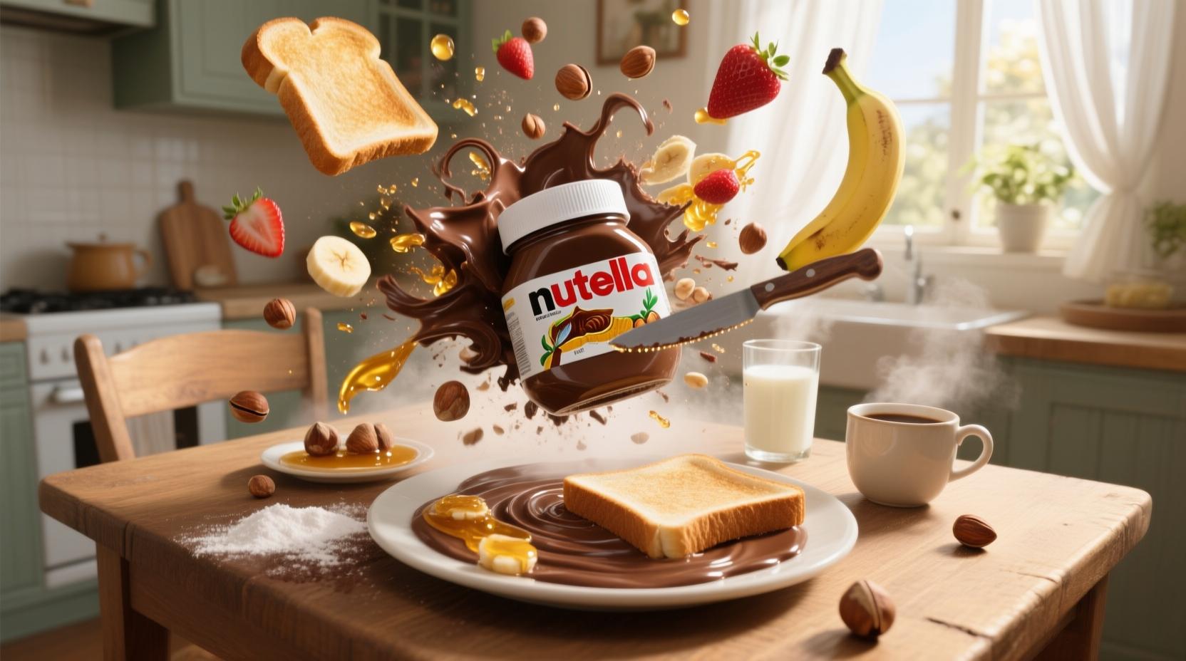 subject:
  description: >-
    Photorealistic cinematic shot of a sunlit kitchen nook. A sealed Nutella jar begins to vibrate gently, then bursts
    open—releasing a rich explosion of swirling chocolate, roasted hazelnuts, toast slices, strawberries, and golden
    syrup. The ingredients twirl mid-air in gravity-defying slow motion, assembling into a picture-perfect Nutella
    breakfast platter on a rustic wooden table.. Includes: sealed Nutella jar (center of table), thick chocolate ribbons
    swirling through air, flying toasted bread slices with golden crust, hazelnuts spinning and cracking mid-air, sliced
    bananas and strawberries tumbling gently, honey and syrup droplets catching light, knife spreading Nutella mid-air
    onto toast, glass of milk and warm coffee cup floating into frame, powdered sugar and cocoa mist drifting like fog
  action: >-
    a beautifully arranged Nutella breakfast board sits steaming on the table, chocolate glistening in the sunlight,
    with a final hazelnut rolling slowly to a stop near the jar
visual_details:
  style: photorealistic cinematic
  mood: >-
    16:9, Nutella explosion, hazelnuts, swirling chocolate, realistic food, breakfast aesthetic, slow motion, natural
    morning light, high detail, no text, chocolate swirl, toast fly-in, cinematic
shot:
  composition: slow orbital shot from low angle upward, transitioning into an overhead top-down reveal
  camera_motion: >-
    jar shakes, lid pops and spins off, chocolate erupts upward with roasted hazelnuts orbiting it, toast slices fly in
    from off-screen, fruit slices rain down and assemble into a breakfast board as camera moves overhead
scene:
  lighting: morning sunlight streaming through soft white curtains, gentle glow on chocolate and fruit highlights
  location: cozy breakfast nook with wooden table, beige walls, ceramic mugs, and hanging plants
