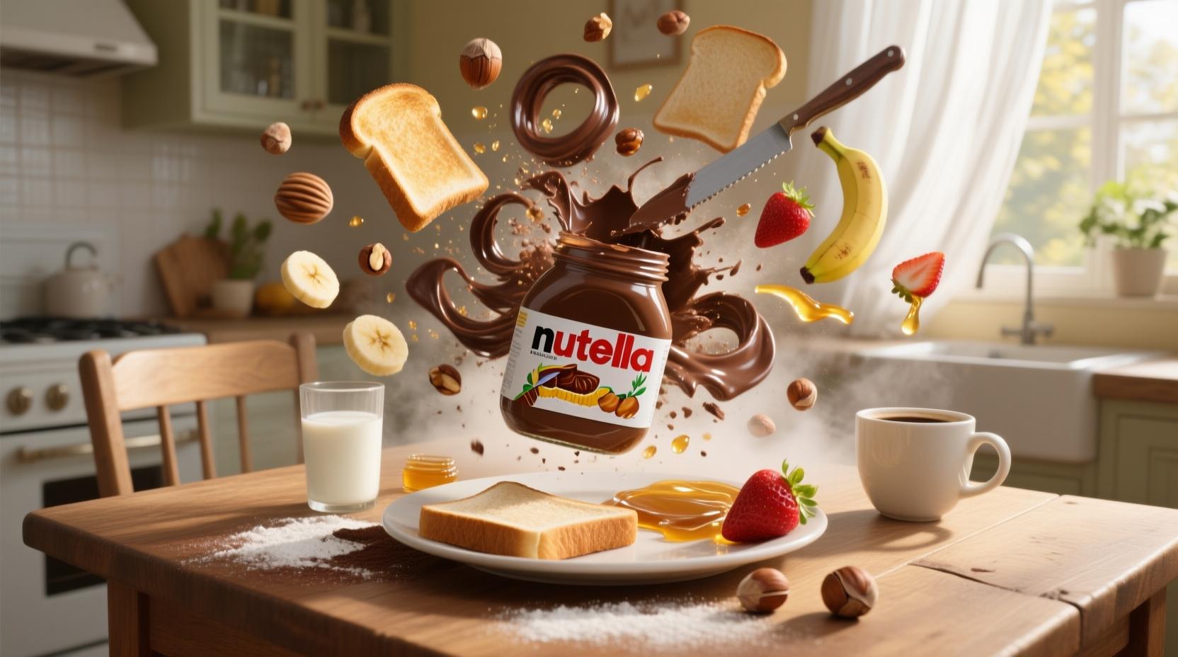 subject:
  description: >-
    Photorealistic cinematic shot of a sunlit kitchen nook. A sealed Nutella jar begins to vibrate gently, then bursts
    open—releasing a rich explosion of swirling chocolate, roasted hazelnuts, toast slices, strawberries, and golden
    syrup. The ingredients twirl mid-air in gravity-defying slow motion, assembling into a picture-perfect Nutella
    breakfast platter on a rustic wooden table.. Includes: sealed Nutella jar (center of table), thick chocolate ribbons
    swirling through air, flying toasted bread slices with golden crust, hazelnuts spinning and cracking mid-air, sliced
    bananas and strawberries tumbling gently, honey and syrup droplets catching light, knife spreading Nutella mid-air
    onto toast, glass of milk and warm coffee cup floating into frame, powdered sugar and cocoa mist drifting like fog
  action: >-
    a beautifully arranged Nutella breakfast board sits steaming on the table, chocolate glistening in the sunlight,
    with a final hazelnut rolling slowly to a stop near the jar
visual_details:
  style: photorealistic cinematic
  mood: >-
    16:9, Nutella explosion, hazelnuts, swirling chocolate, realistic food, breakfast aesthetic, slow motion, natural
    morning light, high detail, no text, chocolate swirl, toast fly-in, cinematic
shot:
  composition: slow orbital shot from low angle upward, transitioning into an overhead top-down reveal
  camera_motion: >-
    jar shakes, lid pops and spins off, chocolate erupts upward with roasted hazelnuts orbiting it, toast slices fly in
    from off-screen, fruit slices rain down and assemble into a breakfast board as camera moves overhead
scene:
  lighting: morning sunlight streaming through soft white curtains, gentle glow on chocolate and fruit highlights
  location: cozy breakfast nook with wooden table, beige walls, ceramic mugs, and hanging plants
