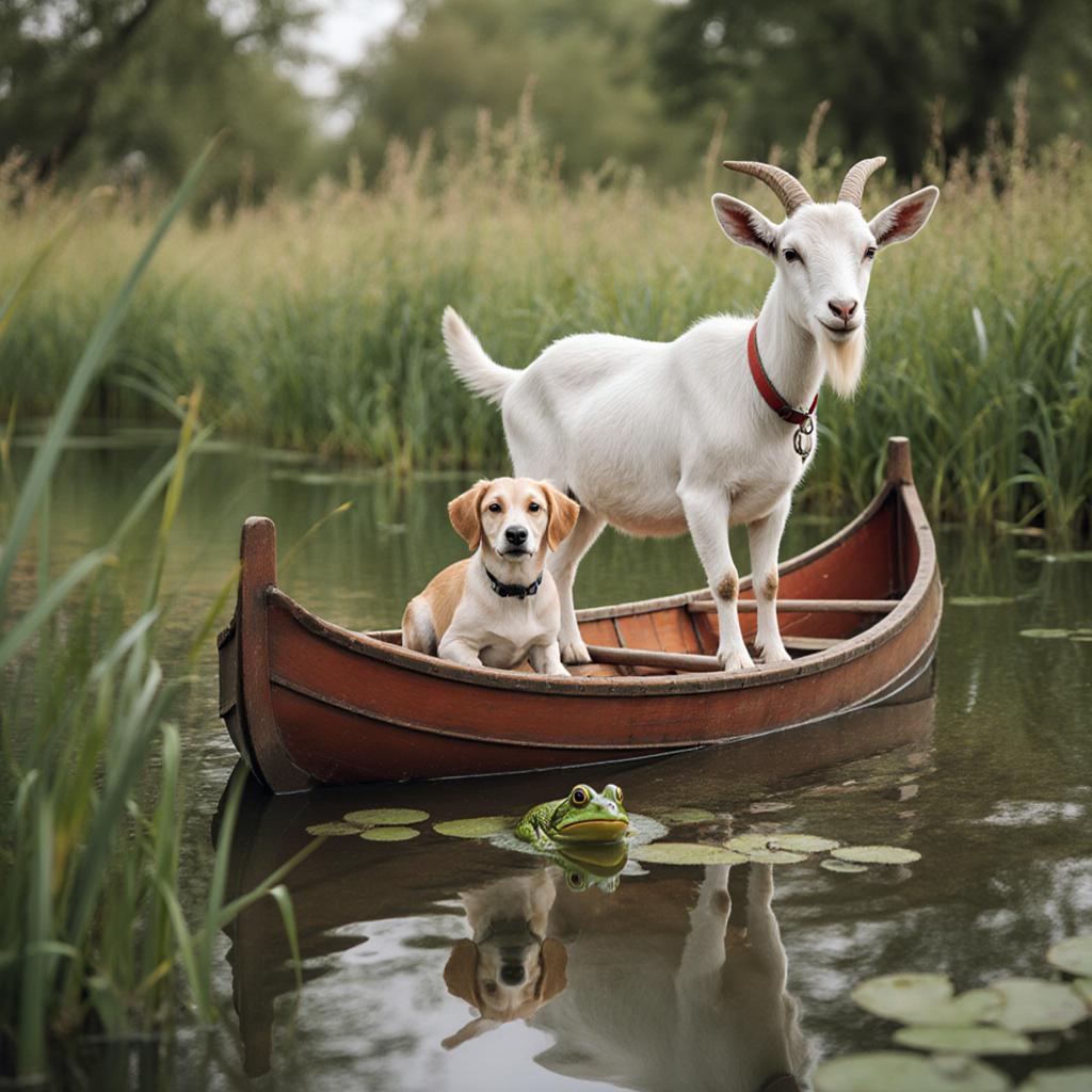 a goat on a boat in a moat with a dog and a frog