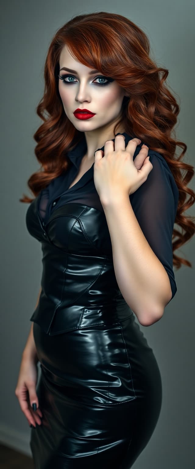 A pale vampire queen stands poised, auburn red hair falls around her shoulders in thick heavy waves. Her makeup is dark and black, lips and nails are painted shiny black. Dressed in shiny black latex knee length pencil skirt. Black silk blouse and a shiny black latex corset contains her large 44DD breasts