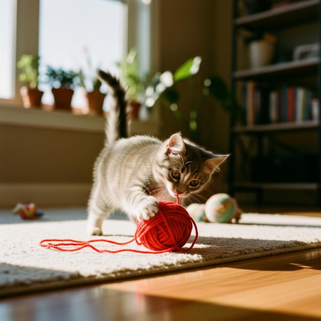 {
  "SHOT COMPOSITION": {
    "Description": "Capture the scene with a close-up shot using a Sony A7S III camera paired with a 50mm lens to focus intimately on the cat’s playful antics. Utilize a shallow depth of field to blur the background softly, keeping the feline and yarn as the sharp focal point, creating a captivating and dynamic frame."
  },
  "SUBJECT & WARDROBE": {
    "Description": "The subject is an adorable, fluffy tabby cat, around one year old, with striking green eyes and a mix of gray and white fur that catches the light beautifully. No wardrobe is needed, but the cat’s natural fur texture and playful demeanor shine as it bats and pounces on a bright red ball of yarn, unraveling it with tiny, determined paws, its tail flicking with excitement and ears perked in curiosity."
  },
  "SCENE SETTING": {
    "Description": "Set the scene in a cozy, sunlit living room during the golden hour of late afternoon, where warm, natural light streams through a large window, casting soft shadows and golden hues across a hardwood floor scattered with a few toys. The atmosphere feels warm and inviting, with a plush cream-colored rug under the cat adding a touch of comfort, while the background features a blurred bookshelf and potted plants, enhancing the intimate, homey tone."
  },
  "VISUAL STYLE": {
    "Description": "Adopt a cinematic film aesthetic with a subtle grain texture to add warmth and authenticity, shot at 24fps for a smooth, movie-like quality. Apply a gentle color grading with warm tones to emphasize the golden hour lighting, creating a nostalgic and heartwarming visual that feels like a cherished memory captured on film."
  }
}