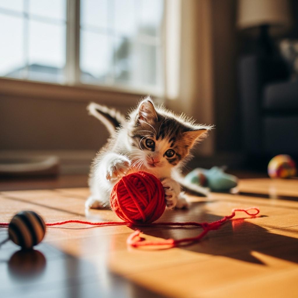 {
  "SHOT COMPOSITION": {
    "Description": "Capture the scene with a close-up shot using a Sony A7S III camera equipped with a 50mm lens, focusing sharply on the kitten with a shallow depth of field to create a soft, blurred background that emphasizes the subject."
  },
  "SUBJECT & WARDROBE": {
    "Description": "The subject is an adorable, fluffy kitten, about 8 weeks old, with soft gray and white fur and bright, curious blue eyes. It is playfully batting at a ball of bright red yarn, its tiny paws extended mid-motion, with an expression of pure, mischievous delight as it pounces and rolls on the floor."
  },
  "SCENE SETTING": {
    "Description": "The setting is a cozy, sunlit living room during the golden hour of late afternoon, where warm, natural light streams through a large window, casting gentle shadows and golden highlights on a hardwood floor scattered with a few toys. The atmosphere is warm and inviting, with a soft, casual tone that evokes a sense of playful innocence."
  },
  "VISUAL STYLE": {
    "Description": "The visual style mimics a real-life vlog aesthetic, with a natural, unfiltered look that feels candid and intimate, enhanced by subtle color grading to emphasize the warm tones of the sunlight and the vibrant red of the yarn. A hint of grain texture adds a touch of authenticity, making the image feel like a cherished, spontaneous moment captured on camera."
  }
}