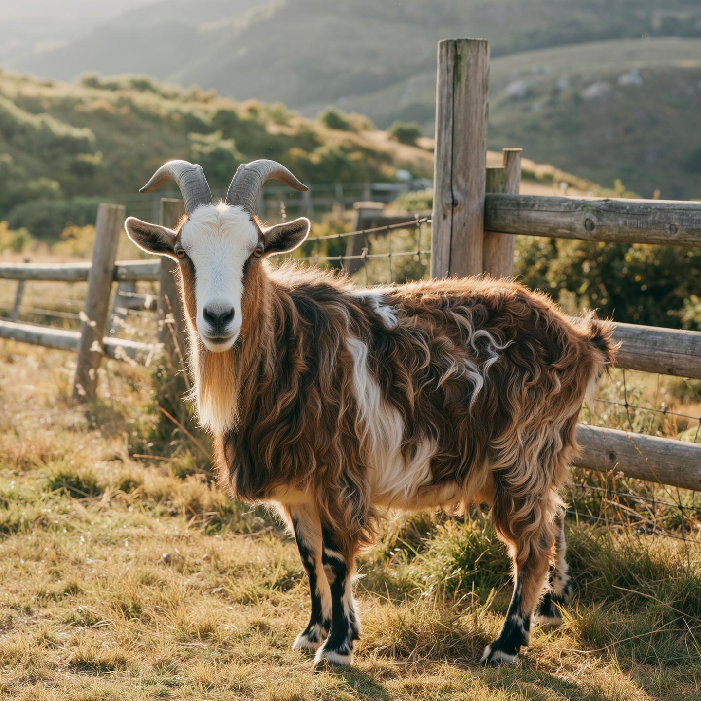 {
  "SHOT COMPOSITION": {
    "Description": "Capture a medium shot of a goat with a 50mm lens on a Sony A7S III, utilizing a shallow depth of field to keep the goat sharply in focus while softly blurring the background, creating an intimate and engaging portrait."
  },
  "SUBJECT & WARDROBE": {
    "Description": "The subject is a mature goat with a thick, shaggy coat of mottled brown and white fur, distinctive curved horns, and a calm, curious expression as it gazes directly into the camera, standing still with a slight head tilt."
  },
  "SCENE SETTING": {
    "Description": "The scene unfolds in a rustic outdoor farmyard during the golden hour of late afternoon, with warm, golden sunlight casting long shadows and highlighting the goat’s fur. The background features a weathered wooden fence and rolling green hills, adding depth and a cozy, pastoral tone to the image, complemented by soft natural lighting that enhances the serene atmosphere."
  },
  "VISUAL STYLE": {
    "Description": "Adopt a real-life documentary style with a touch of cinematic warmth, emphasizing natural color grading to bring out the earthy tones of the goat’s fur and the lush surroundings, while adding a subtle grain texture for an authentic, timeless feel."
  }
}