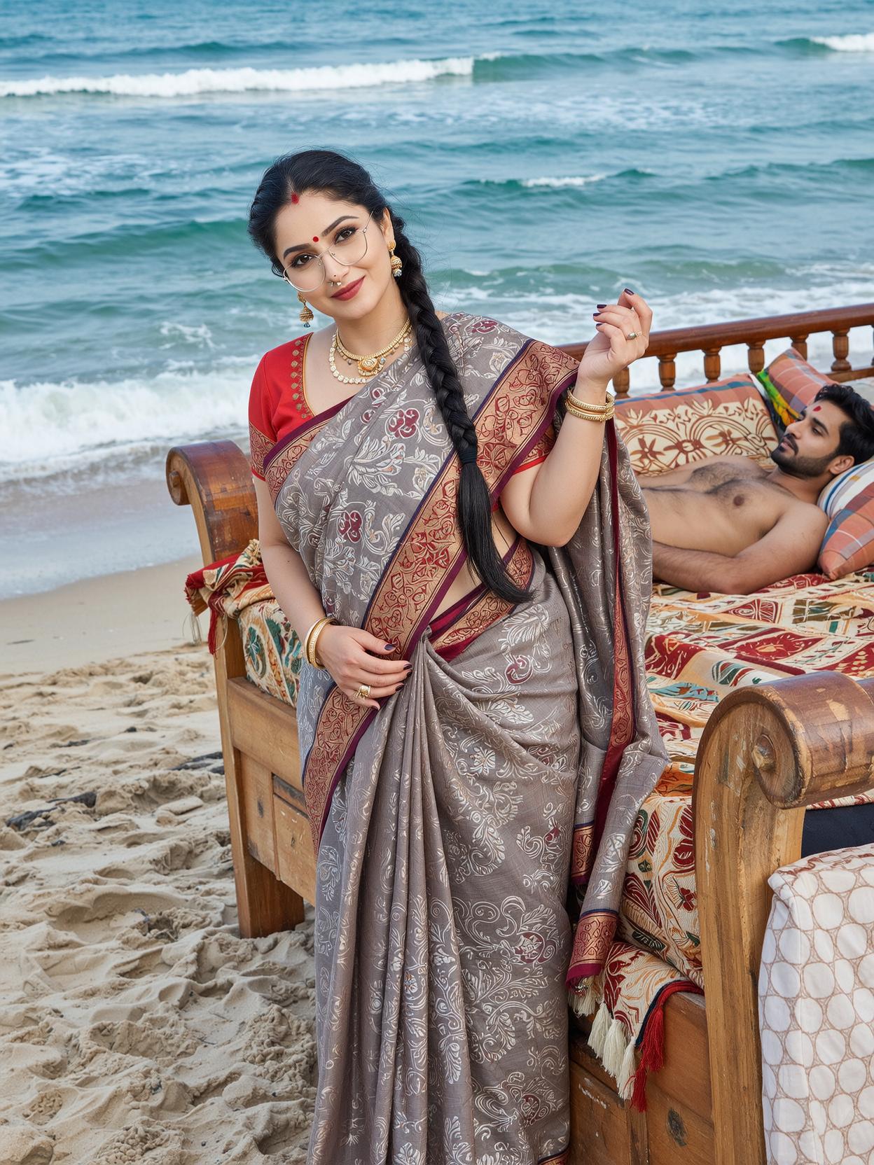 In beach, near sea-waves, at noon, In very bright lighting, front view, three-quarters portrait image, high color contrast image of Beautiful south Indian very fair mature traditional beautiful wife, with extremely beautiful face, very attractive face, very peaceful face, very traditional face, very long hair, single braided hair, looking at camera, aged 35, slightly fat&plumpy, with specs, sindhoor, thick tilak, mangal sutra, nose ring, looking at camera, with kajal, shy, embarrassed, submissive, hourglass body,  extremely beautifully figured body, natural beauty, seducing face. She's looking at camera with her extremely attractive and gorgeous face.

She's covered by a random slightly dark colored fully translucent thin saree. She's extremely gorgeous with hourglass body shape. Her body is extremely seductive.

She's standing near a big, well decorated Bed, in beach. Her husband, who's shirtless, is on the right, is lying on the bed, looking at her lusciously. 
