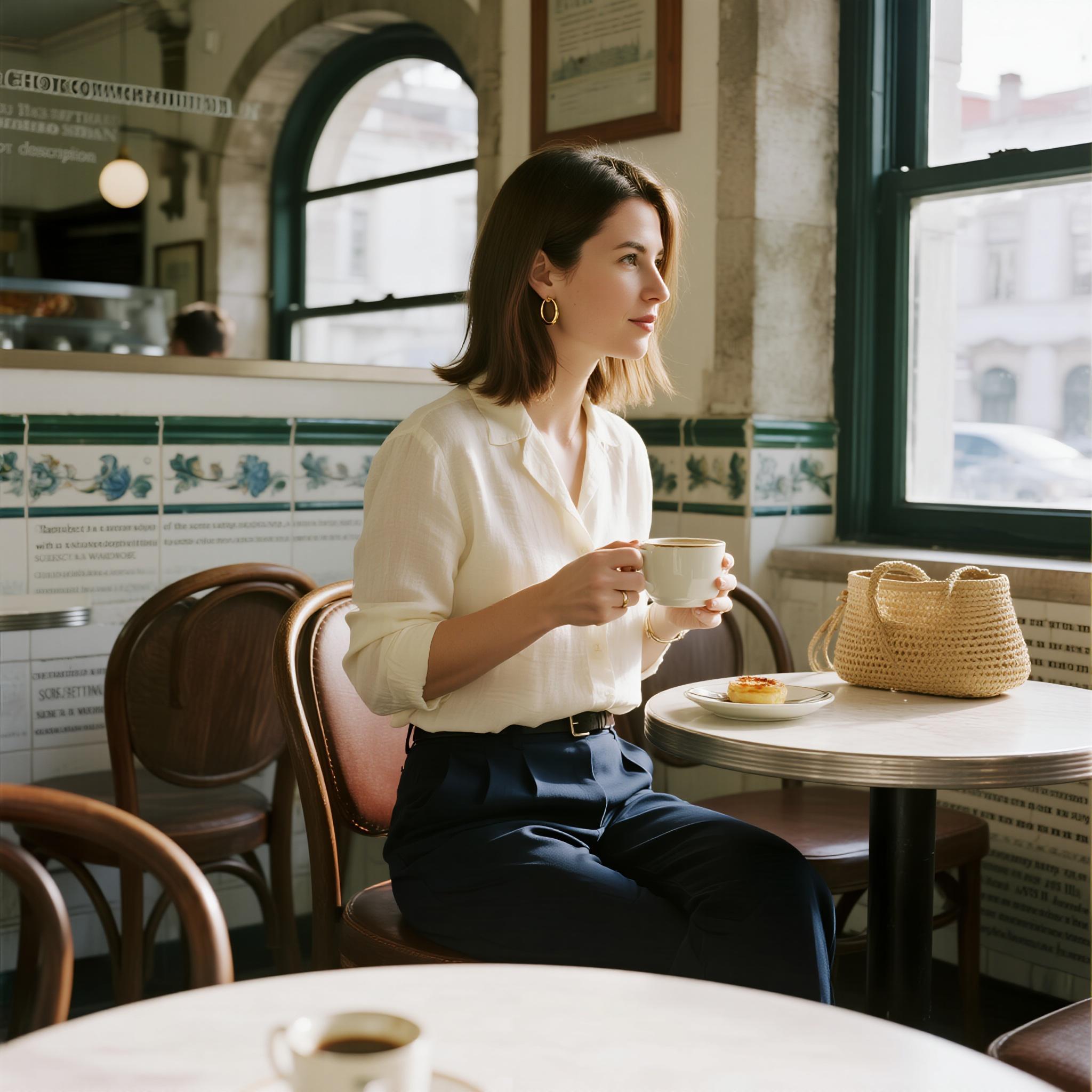 {
  "SHOT COMPOSITION": {
    "description": "Capture a medium shot of the scene using a 50mm lens on a Sony A7S III, with a shallow depth of field to softly blur the background and keep the subject in sharp focus, drawing attention to her presence while still hinting at the vibrant cafe atmosphere around her."
  },
  "SUBJECT & WARDROBE": {
    "description": "The subject is a European woman in her early 30s, with shoulder-length chestnut hair and a warm, contemplative expression as she gazes out the window, her fingers gently wrapped around a ceramic coffee cup. She wears a chic yet casual outfit: a cream-colored linen blouse tucked into high-waisted navy trousers, paired with delicate gold hoop earrings and a woven straw tote bag resting on the chair beside her."
  },
  "SCENE SETTING": {
    "description": "The setting is a cozy, traditional cafe in the heart of Lisbon, Portugal, with tiled walls, small wooden tables, and the faint aroma of freshly baked pastéis de nata lingering in the air. It’s late morning, with natural light streaming through large, arched windows, casting soft, dappled shadows across the table and creating a warm, inviting glow. The tone feels intimate and personal, capturing a quiet moment of reflection amidst the subtle bustle of the cafe."
  },
  "VISUAL STYLE": {
    "description": "Aim for a cinematic yet natural aesthetic, reminiscent of a European indie film, with a warm color grade that enhances the golden tones of the sunlight and the earthy hues of the cafe interior. Add a subtle film grain texture to evoke a timeless, nostalgic feel, ensuring the image feels authentic and lived-in, as if pulled from a personal travel diary."
  }
}