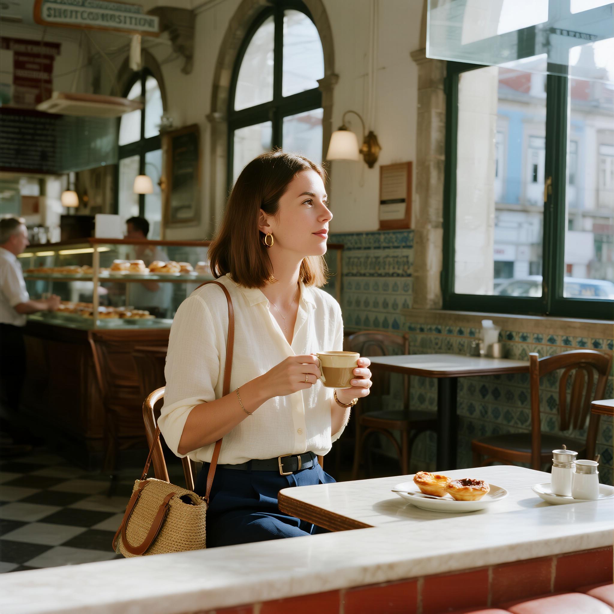 {
  "SHOT COMPOSITION": {
    "description": "Capture a medium shot of the scene using a 50mm lens on a Sony A7S III, with a shallow depth of field to softly blur the background and keep the subject in sharp focus, drawing attention to her presence while still hinting at the vibrant cafe atmosphere around her."
  },
  "SUBJECT & WARDROBE": {
    "description": "The subject is a European woman in her early 30s, with shoulder-length chestnut hair and a warm, contemplative expression as she gazes out the window, her fingers gently wrapped around a ceramic coffee cup. She wears a chic yet casual outfit: a cream-colored linen blouse tucked into high-waisted navy trousers, paired with delicate gold hoop earrings and a woven straw tote bag resting on the chair beside her."
  },
  "SCENE SETTING": {
    "description": "The setting is a cozy, traditional cafe in the heart of Lisbon, Portugal, with tiled walls, small wooden tables, and the faint aroma of freshly baked pastéis de nata lingering in the air. It’s late morning, with natural light streaming through large, arched windows, casting soft, dappled shadows across the table and creating a warm, inviting glow. The tone feels intimate and personal, capturing a quiet moment of reflection amidst the subtle bustle of the cafe."
  },
  "VISUAL STYLE": {
    "description": "Aim for a cinematic yet natural aesthetic, reminiscent of a European indie film, with a warm color grade that enhances the golden tones of the sunlight and the earthy hues of the cafe interior. Add a subtle film grain texture to evoke a timeless, nostalgic feel, ensuring the image feels authentic and lived-in, as if pulled from a personal travel diary."
  }
}