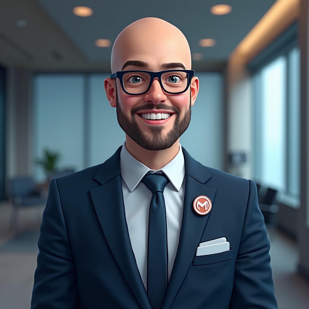 Create a crisp, modern digital avatar for "Mack," an executive AI career advisor specializing in digital analytics. The avatar should feature a confident, approachable male professional with a bald head and a well-groomed goatee, wearing a sharp suit and glasses. He is standing in a modern boardroom. Use deep sapphire and silver as the primary color palette (instead of LinkedIn blue). The background should subtly suggest digital analytics through minimalist graphs, data nodes, and dashboard icons—no social media imagery. Add a prominent lapel pin with a stylized “M” combined with a data visualization element; this pin should be highly visible and remain clear at small icon sizes. The overall look must be polished, professional, and easily recognizable even when small.