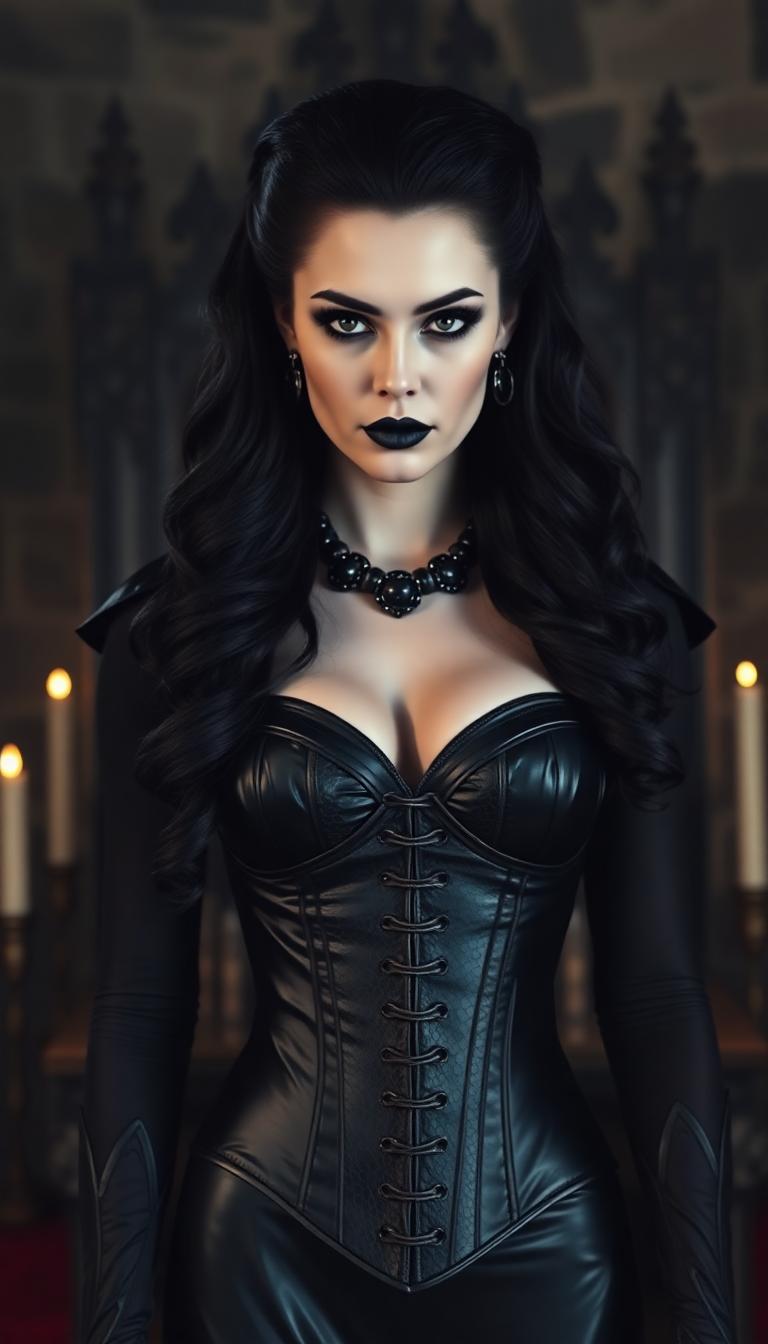A poised pale vampire queen with black hair cascading in thick heavy waves around her shoulders stands regally in a dimly lit medieval throne room, her dark black makeup accentuating piercing eyes, shiny black lips, and nails, while a shiny black latex dog collar adorns her neck. She wears a shiny black snakeskin latex corset embracing her large 44DD breasts, captured in photorealistic detail with dramatic candlelight casting long shadows on ancient stone walls, high-resolution cinematic style, DSLR photo with shallow depth of field and 8K ultra-detailed textures.